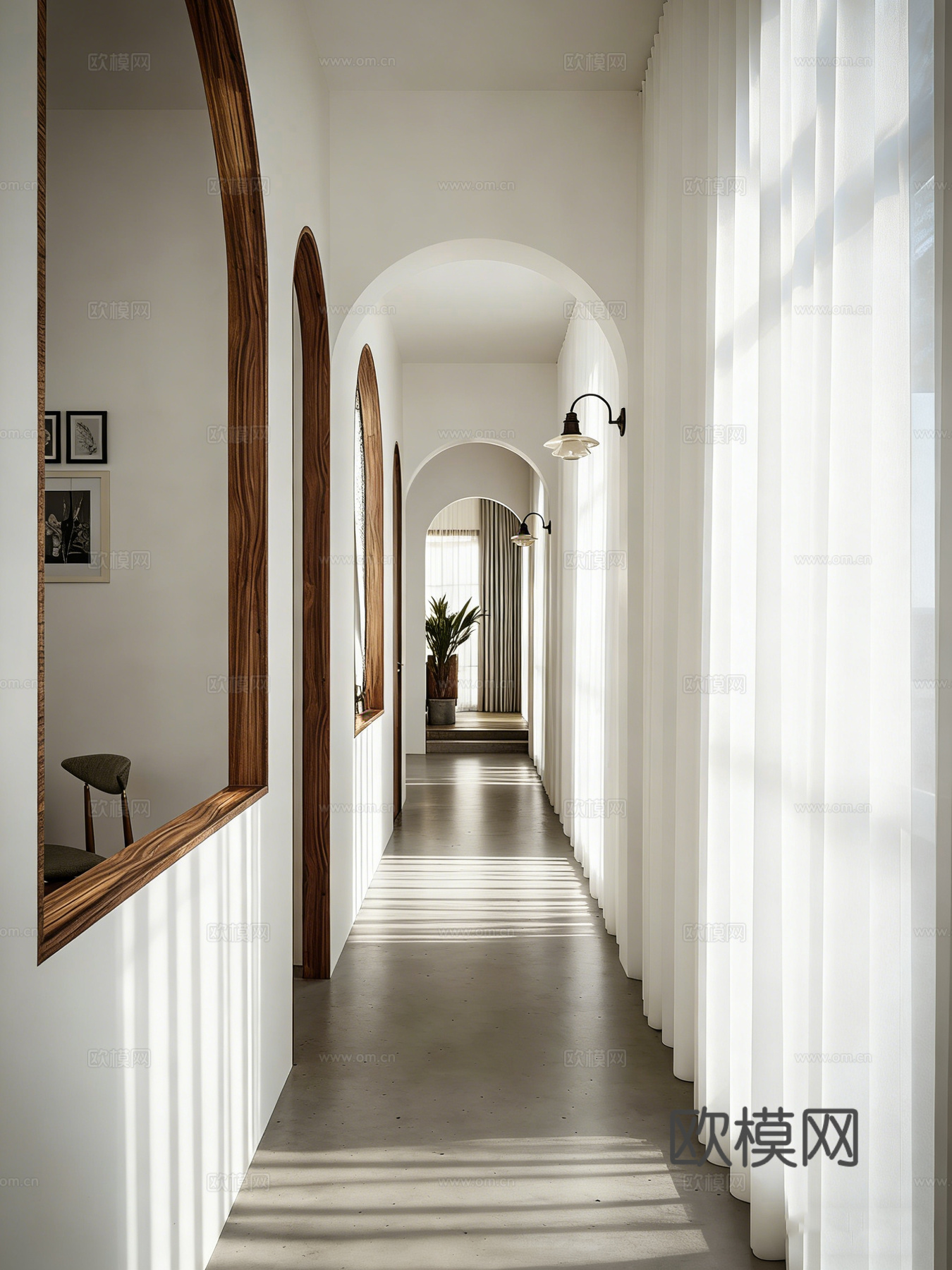 现代简约原木奶油风客厅 拱形背景墙 编织椅 圆形茶几 地毯绿3d模型