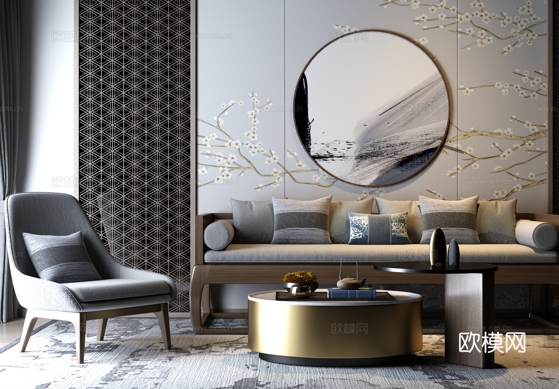 新中式沙发椅子组合3d模型下载