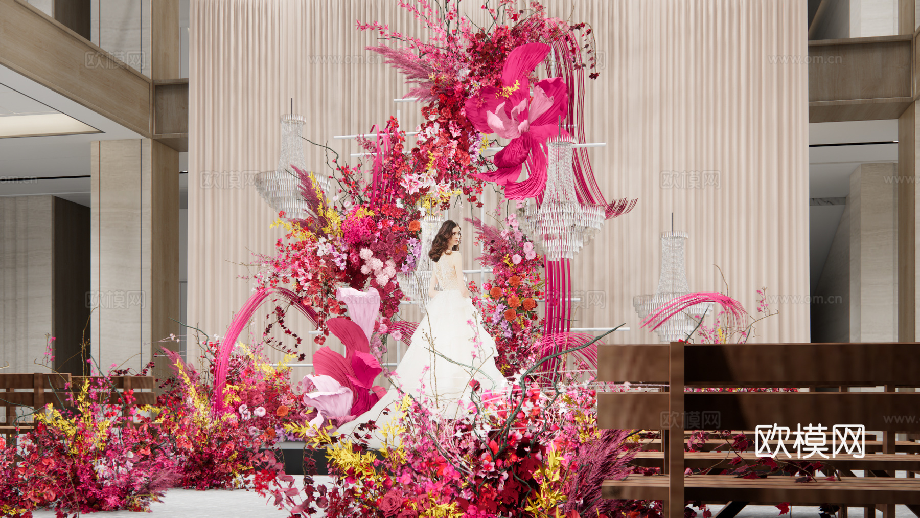 小众玫粉色婚礼花艺美陈su模型