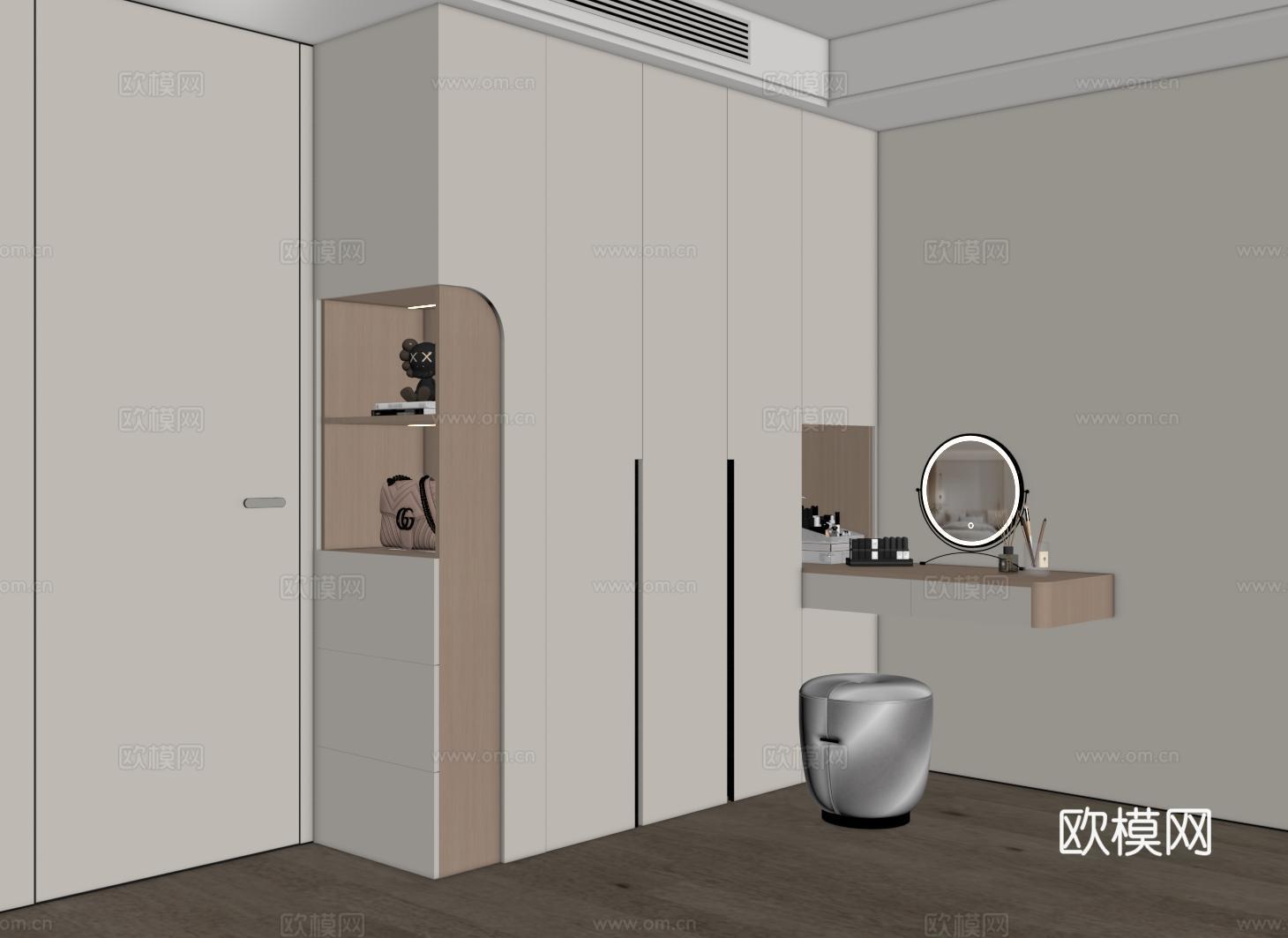 现代衣柜梳妆台一体 衣柜转角书桌 平开门衣柜 开放格衣柜su模型