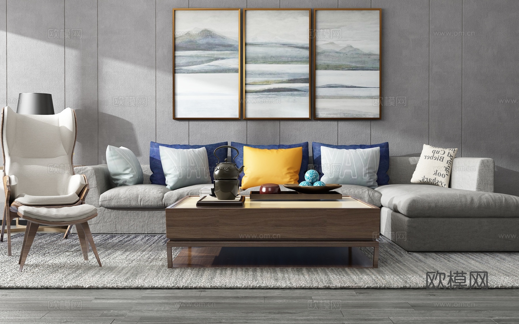 现代沙发茶几组合 背景墙3d模型下载