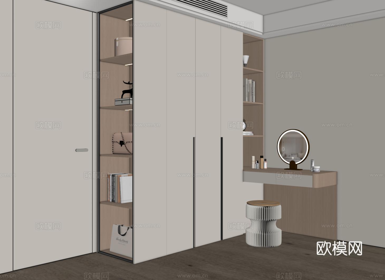 现代定制衣柜 衣柜梳妆台一体 衣柜转角书桌 平开门衣柜 开放su模型