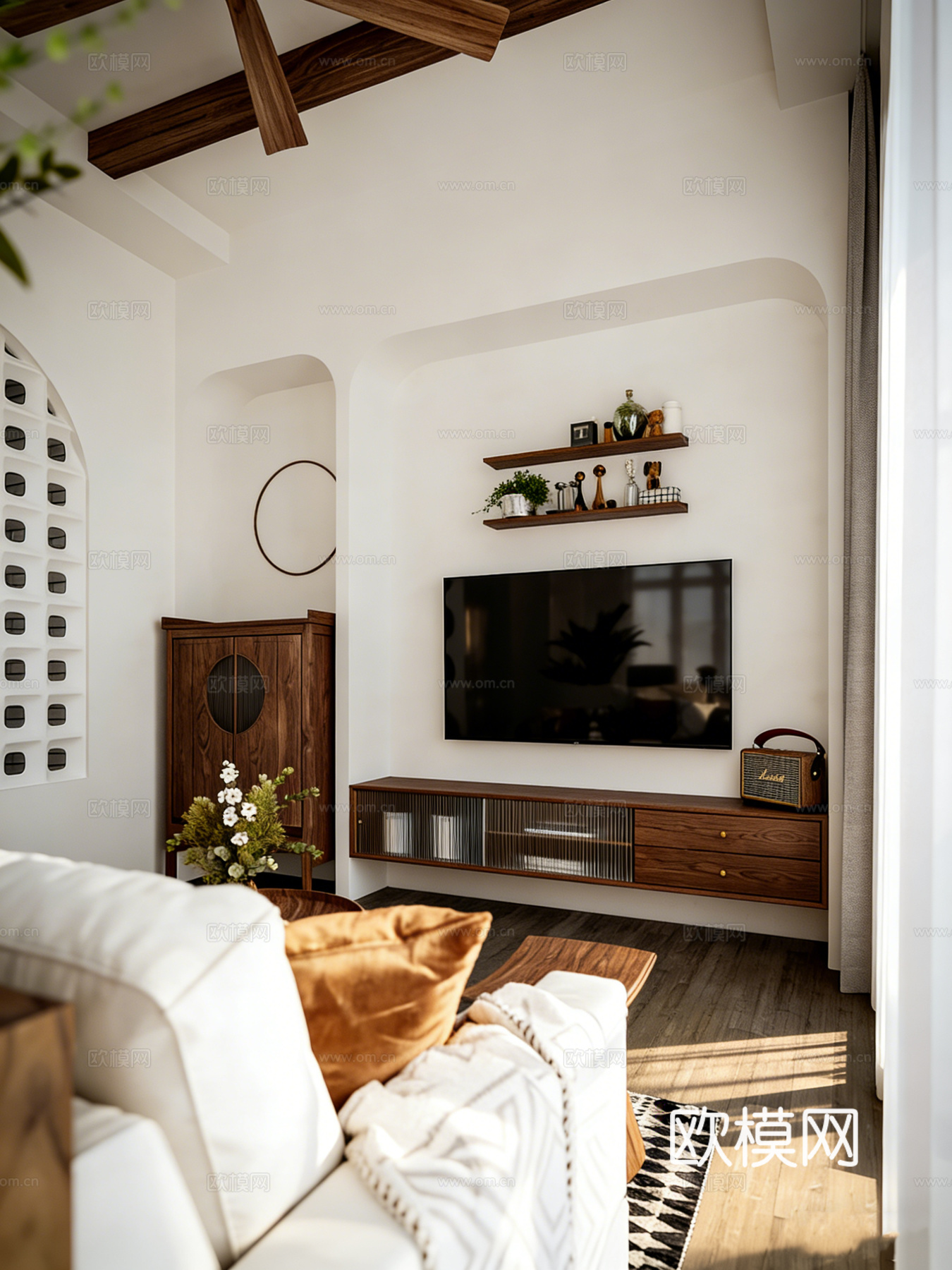 现代简约原木奶油风客厅 拱形背景墙 编织椅 圆形茶几 地毯绿3d模型