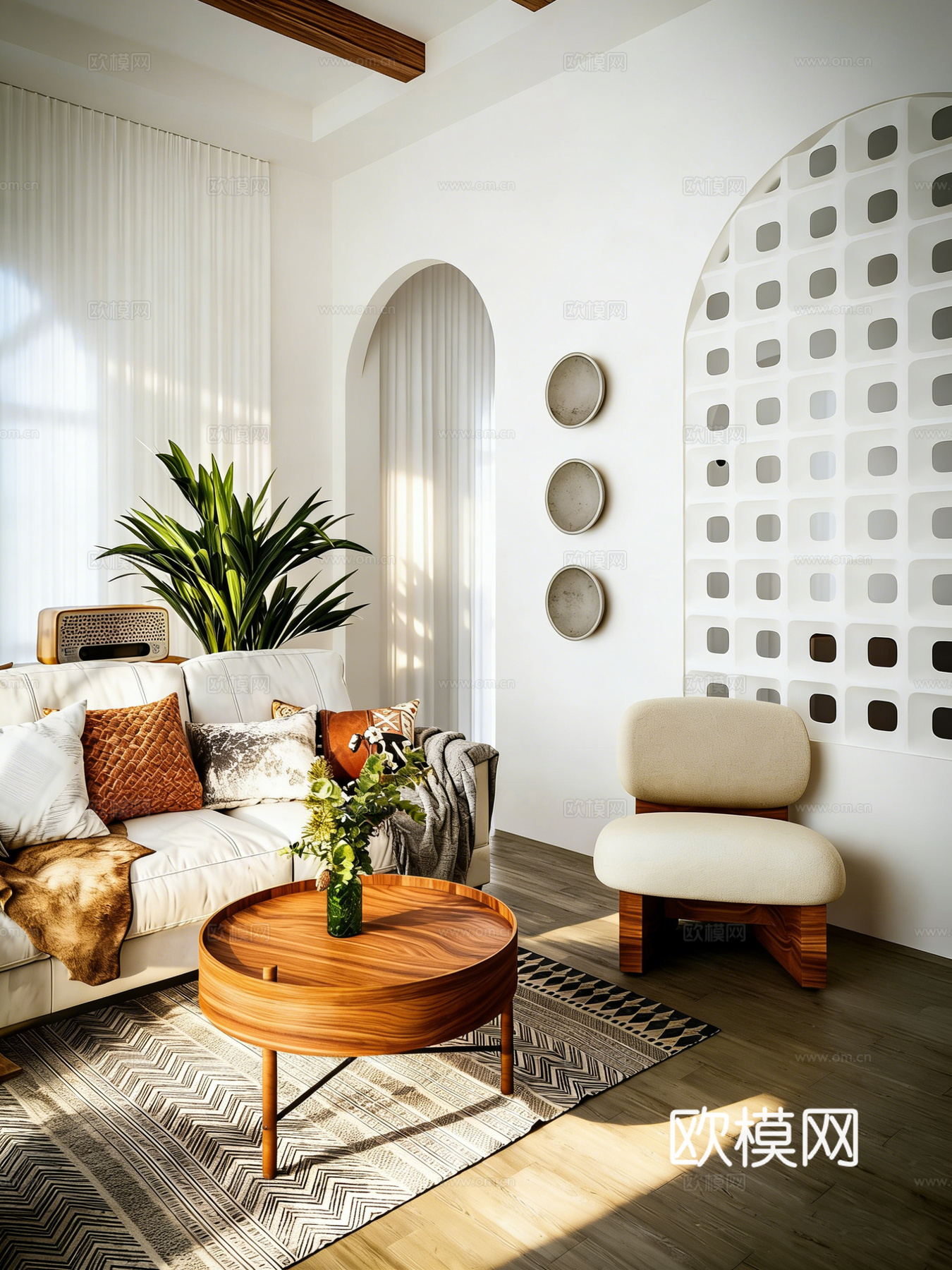 现代简约原木奶油风客厅 拱形背景墙 编织椅 圆形茶几 地毯绿3d模型