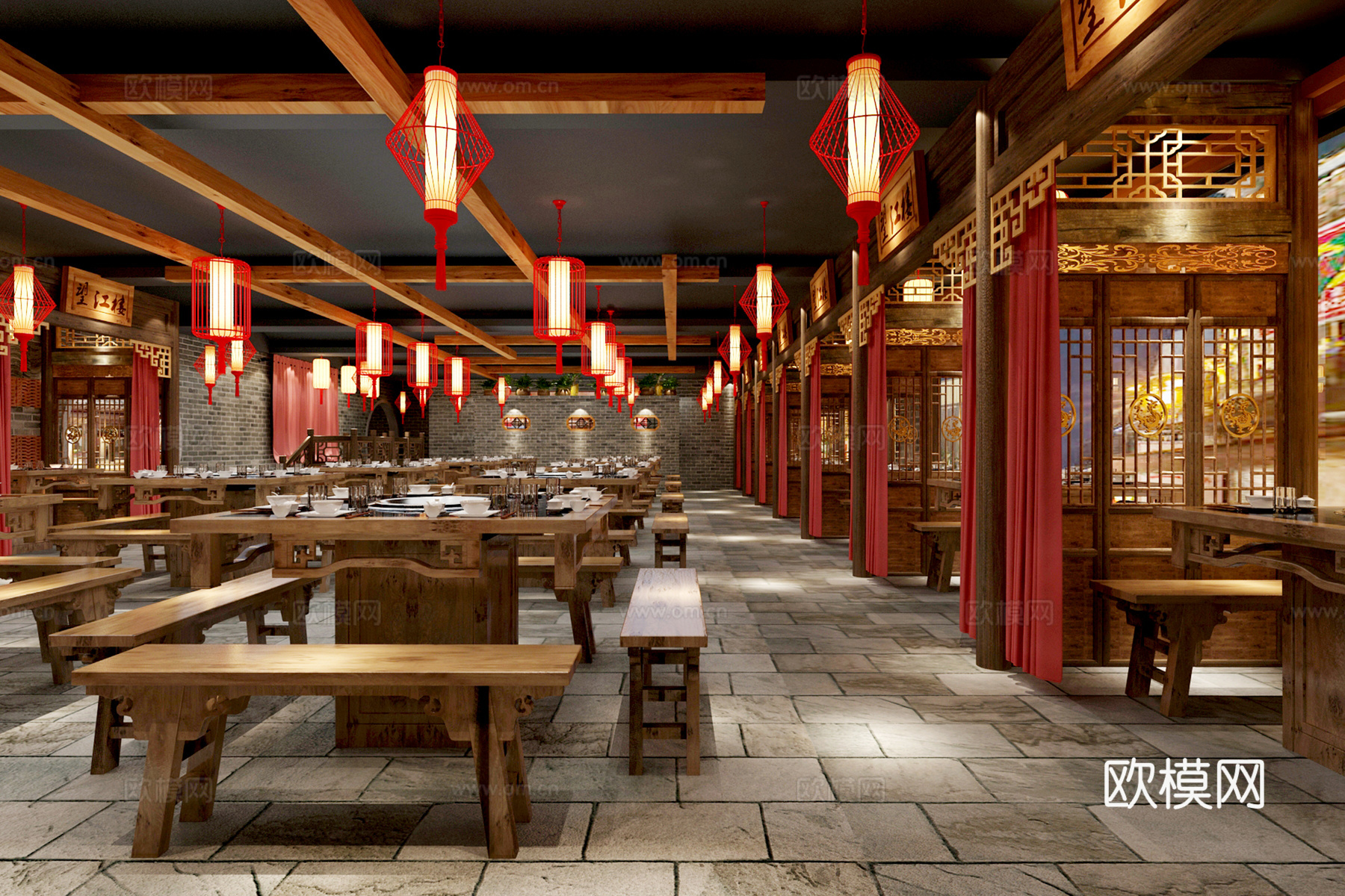 新中式主题火锅店 吊灯灯笼 壁灯 绿植 桌椅板凳 花格隔3d模型下载（渲染图4）