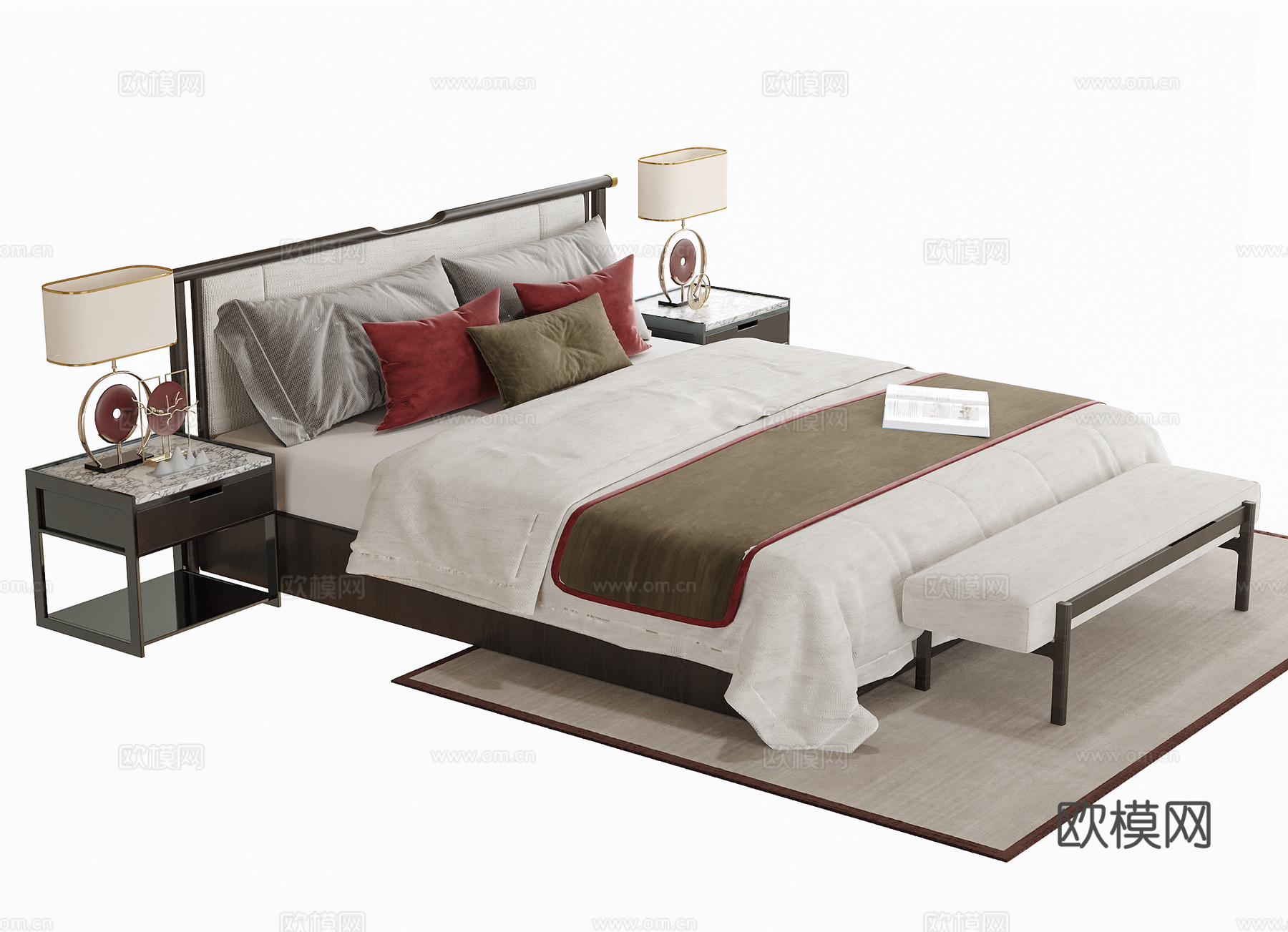 新中式双人床 床尾凳su模型