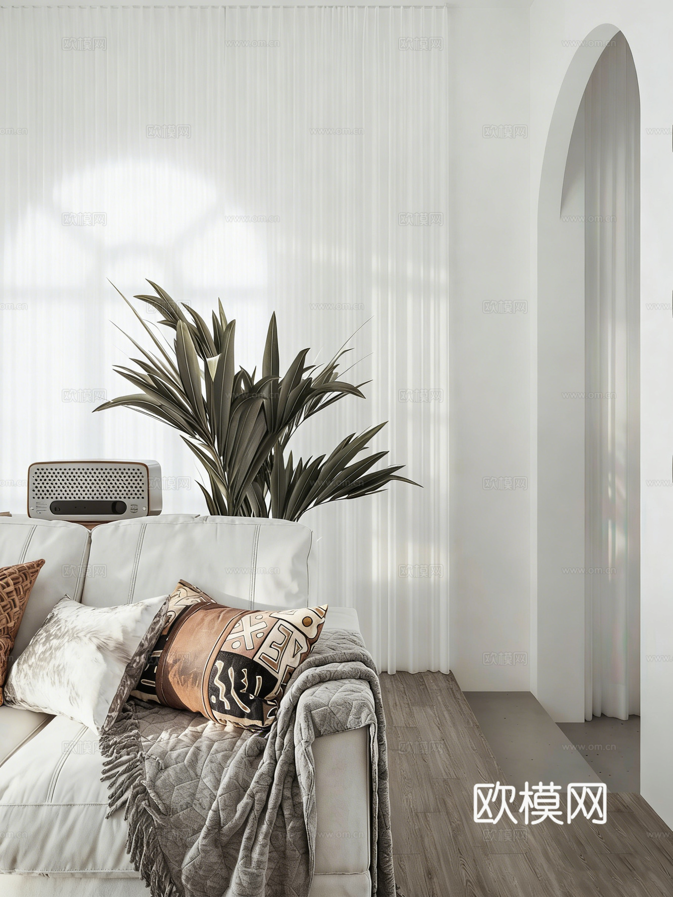 现代简约原木奶油风客厅 拱形背景墙 编织椅 圆形茶几 地毯绿3d模型