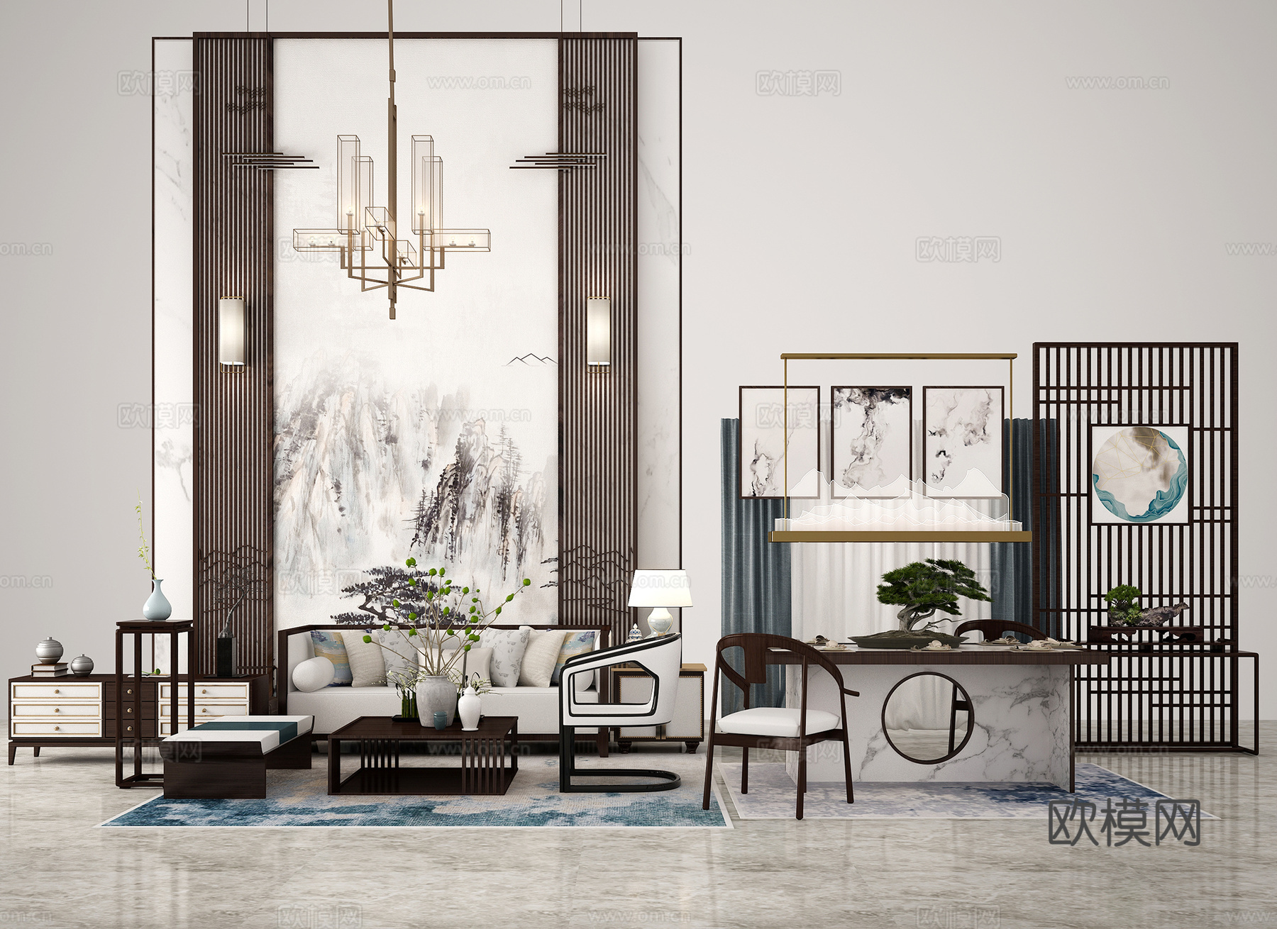 新中式别墅客厅 沙发茶几 餐桌椅 边柜 屏风 端景台3d模型