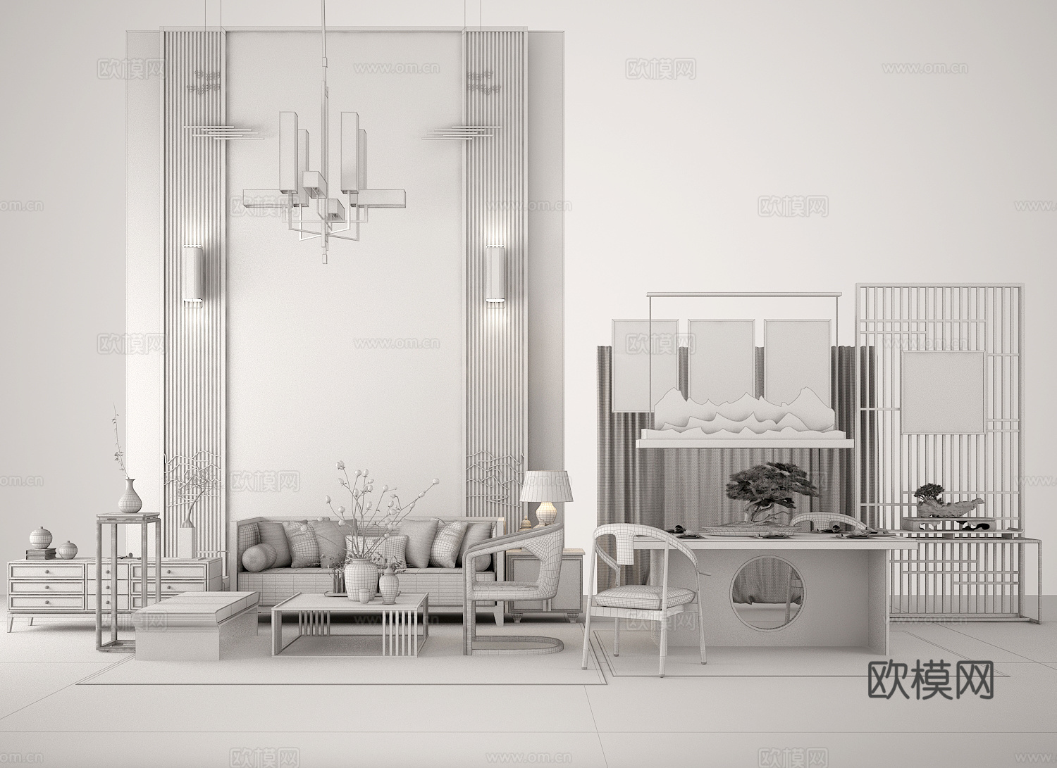 新中式别墅客厅 沙发茶几 餐桌椅 边柜 屏风 端景台3d模型