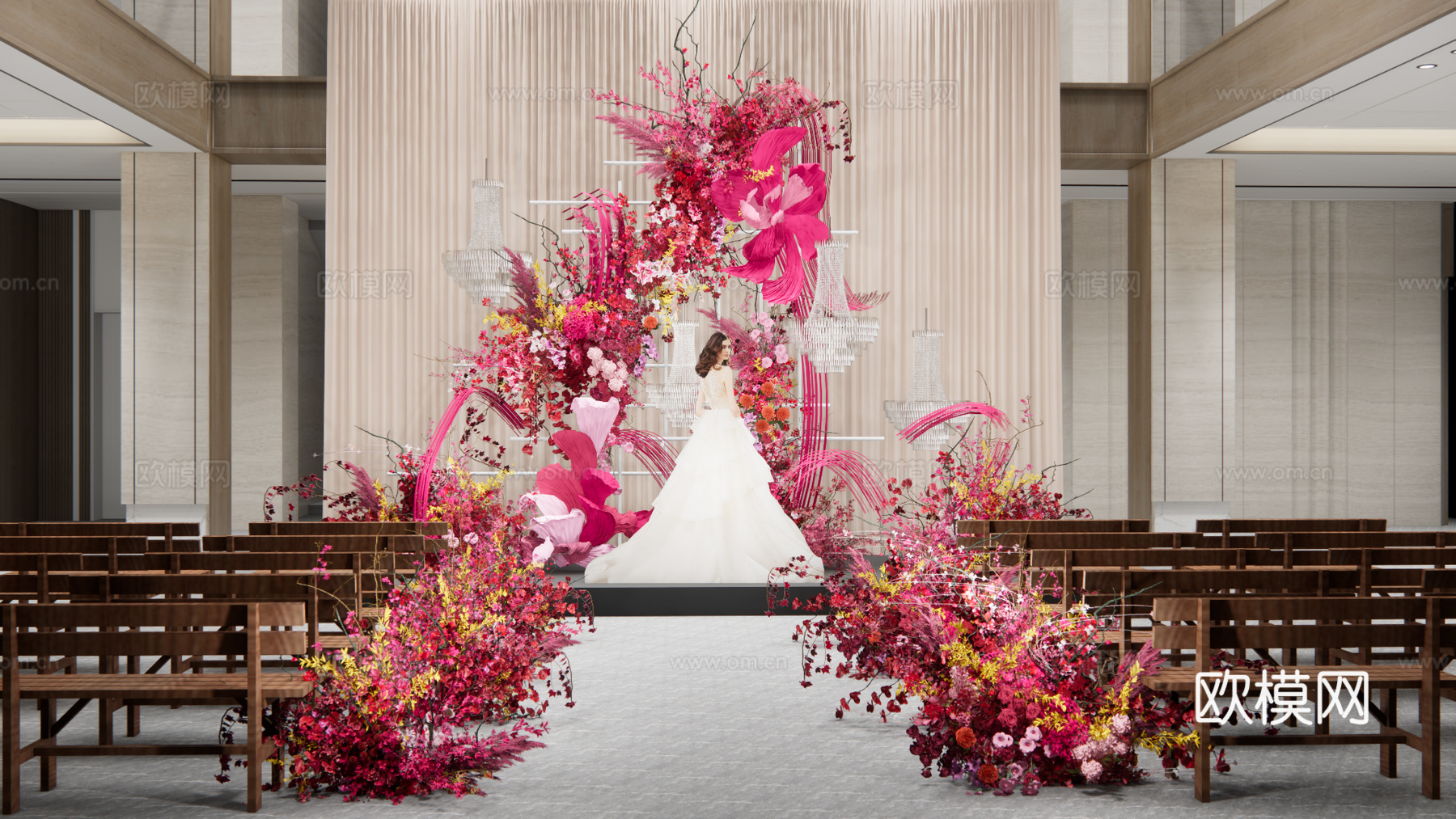 小众玫粉色婚礼花艺美陈su模型