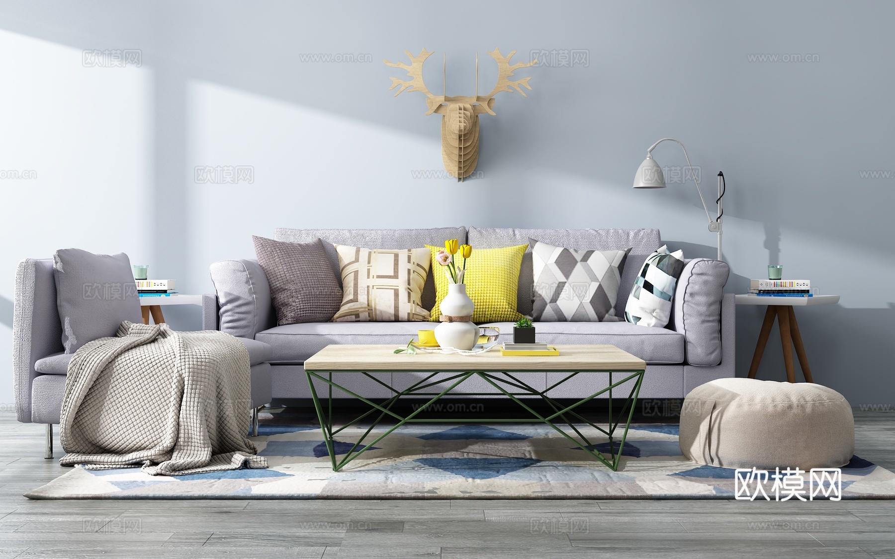 现代沙发茶几组合背景墙3d模型