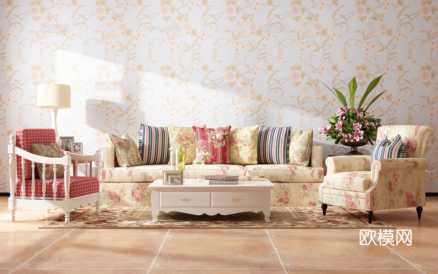 田园风格沙发茶几组合3d模型下载