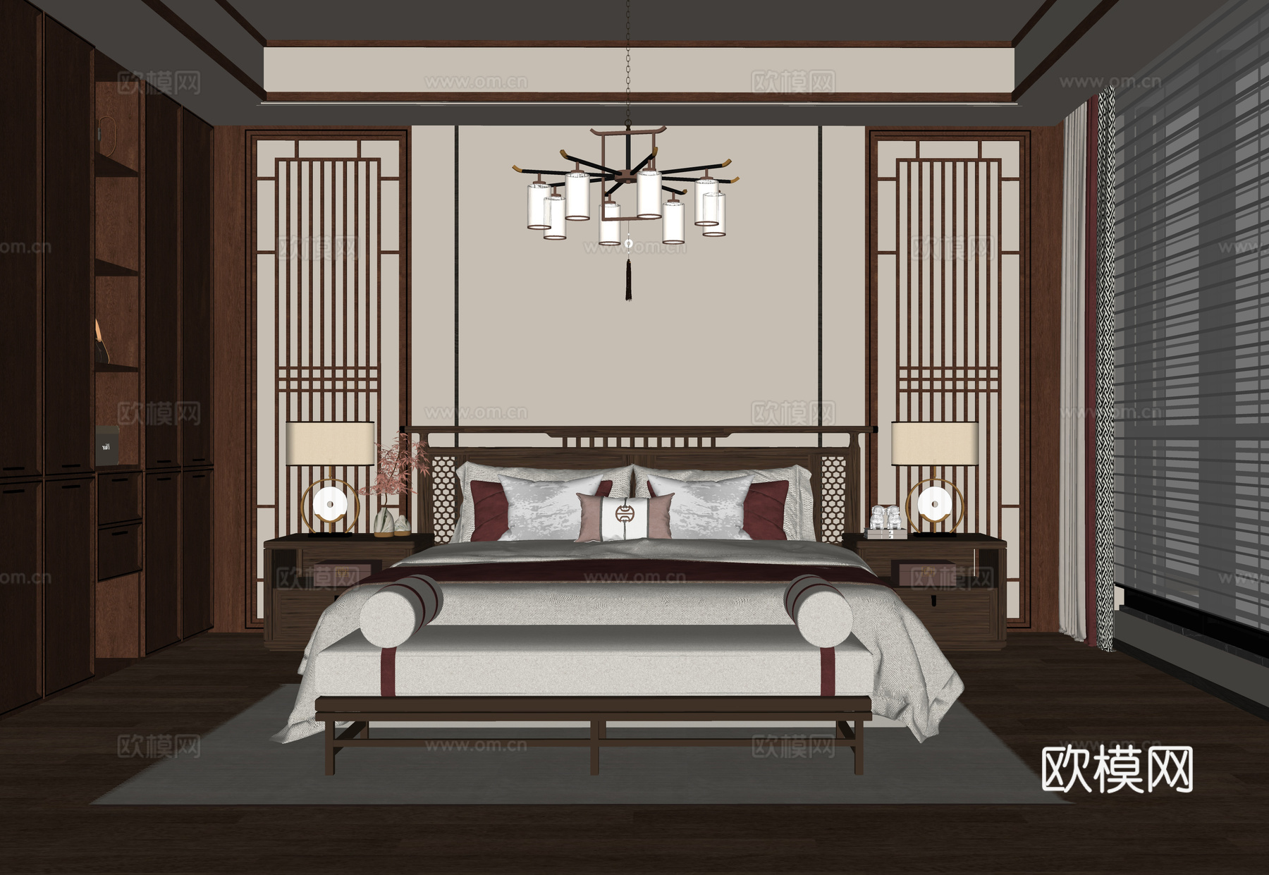 新中式卧室 双人床su模型
