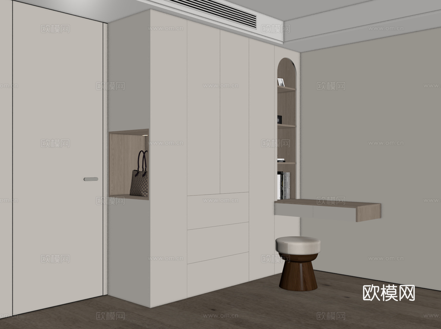 现代定制衣柜 衣柜梳妆台一体 衣柜转角书桌 平开门衣柜 开放su模型