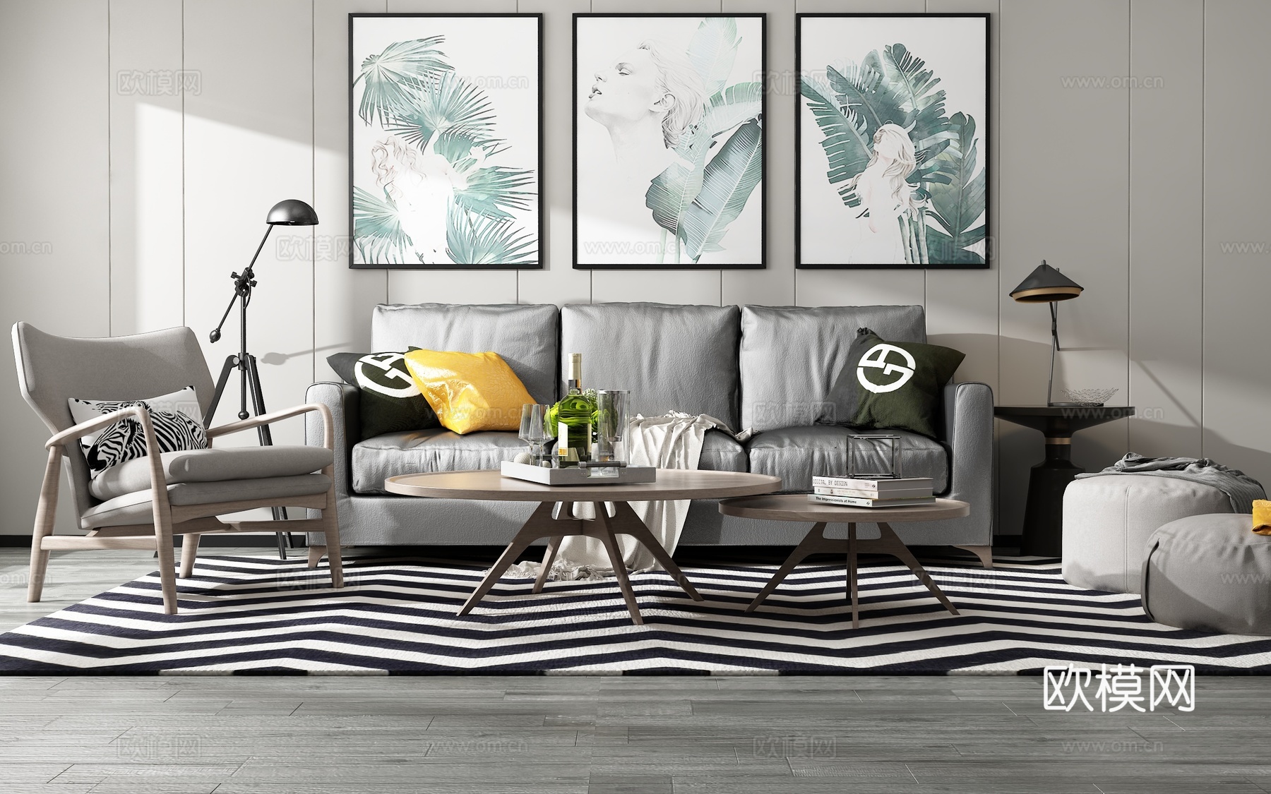 现代沙发茶几组合背景墙3d模型下载