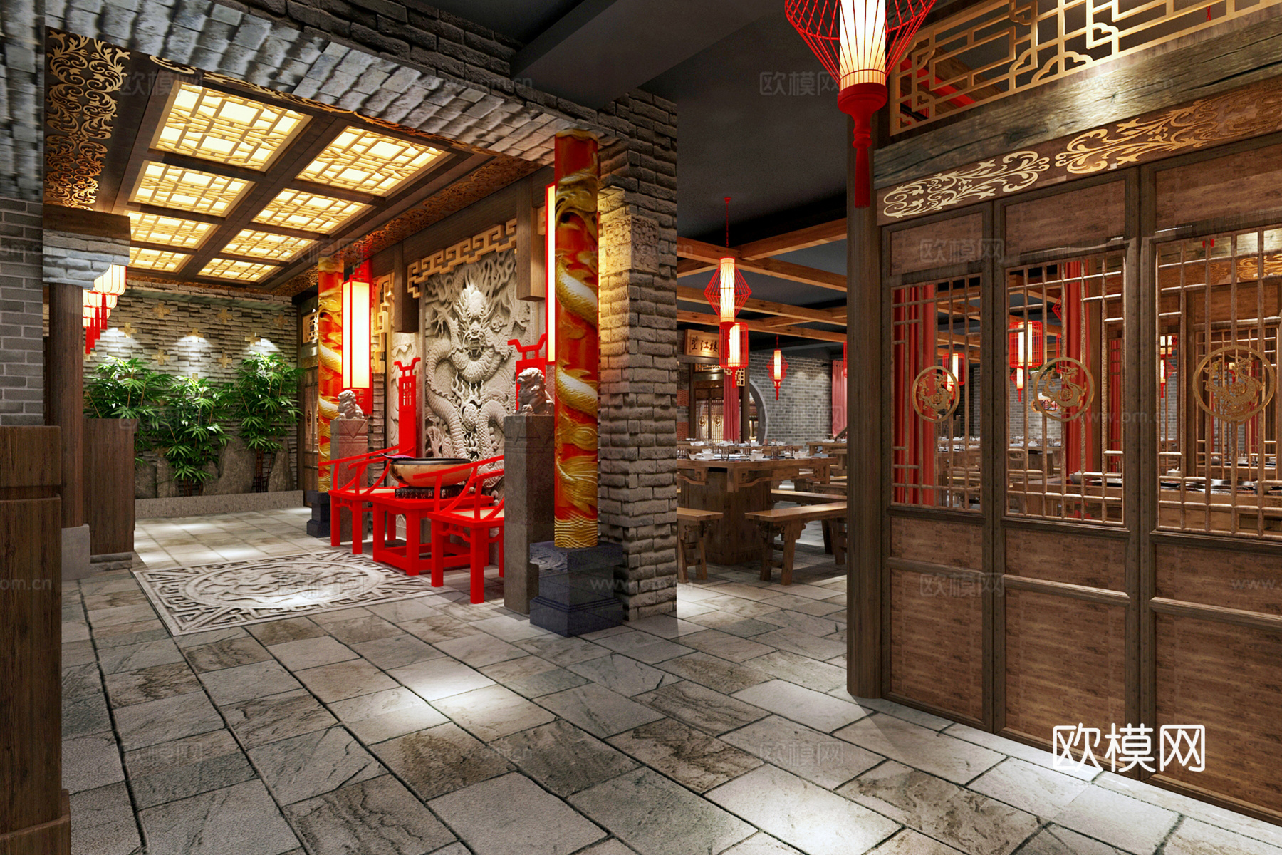 新中式主题火锅店 吊灯灯笼 壁灯 绿植 桌椅板凳 花格隔3d模型下载（渲染图1）