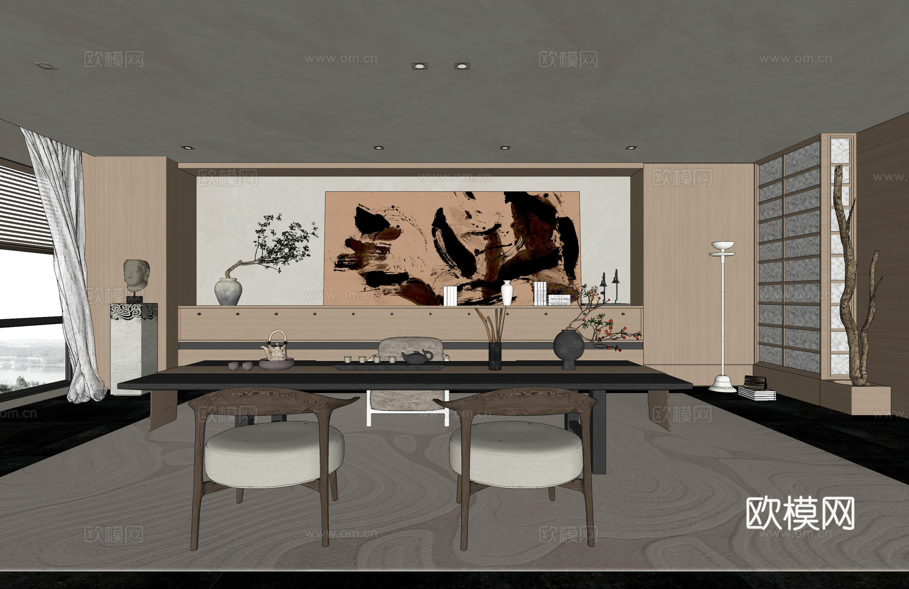 新中式茶室 茶台 休闲椅su模型