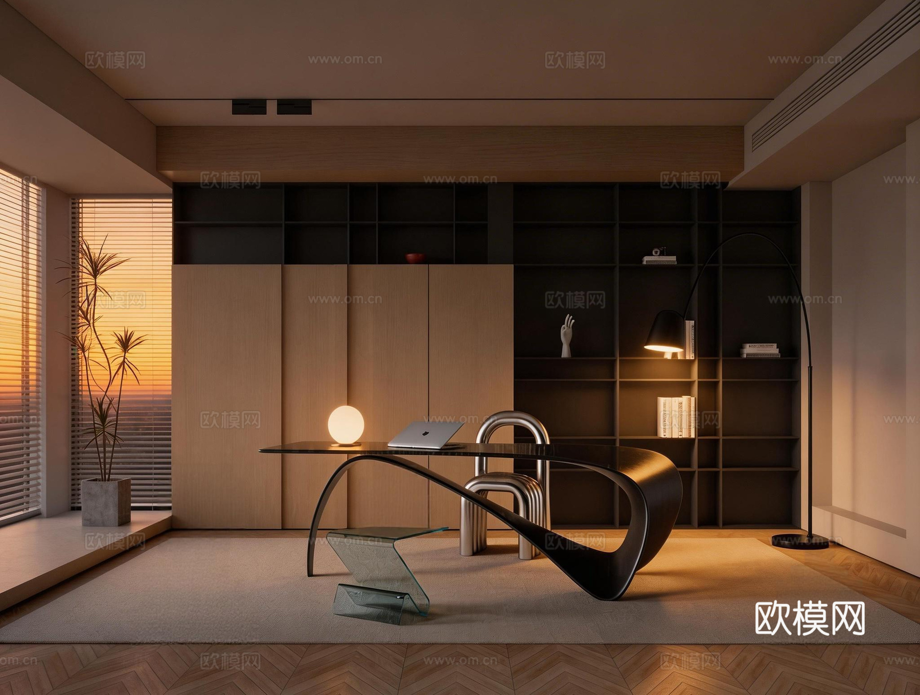 书房 书桌 笔记本电脑 休闲椅su模型