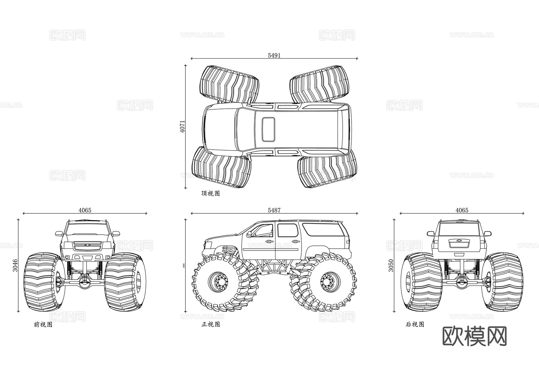 大脚车 怪兽卡车 巨型轮胎越野车 大脚怪越野车 越野大脚车cad施工图cad施工图