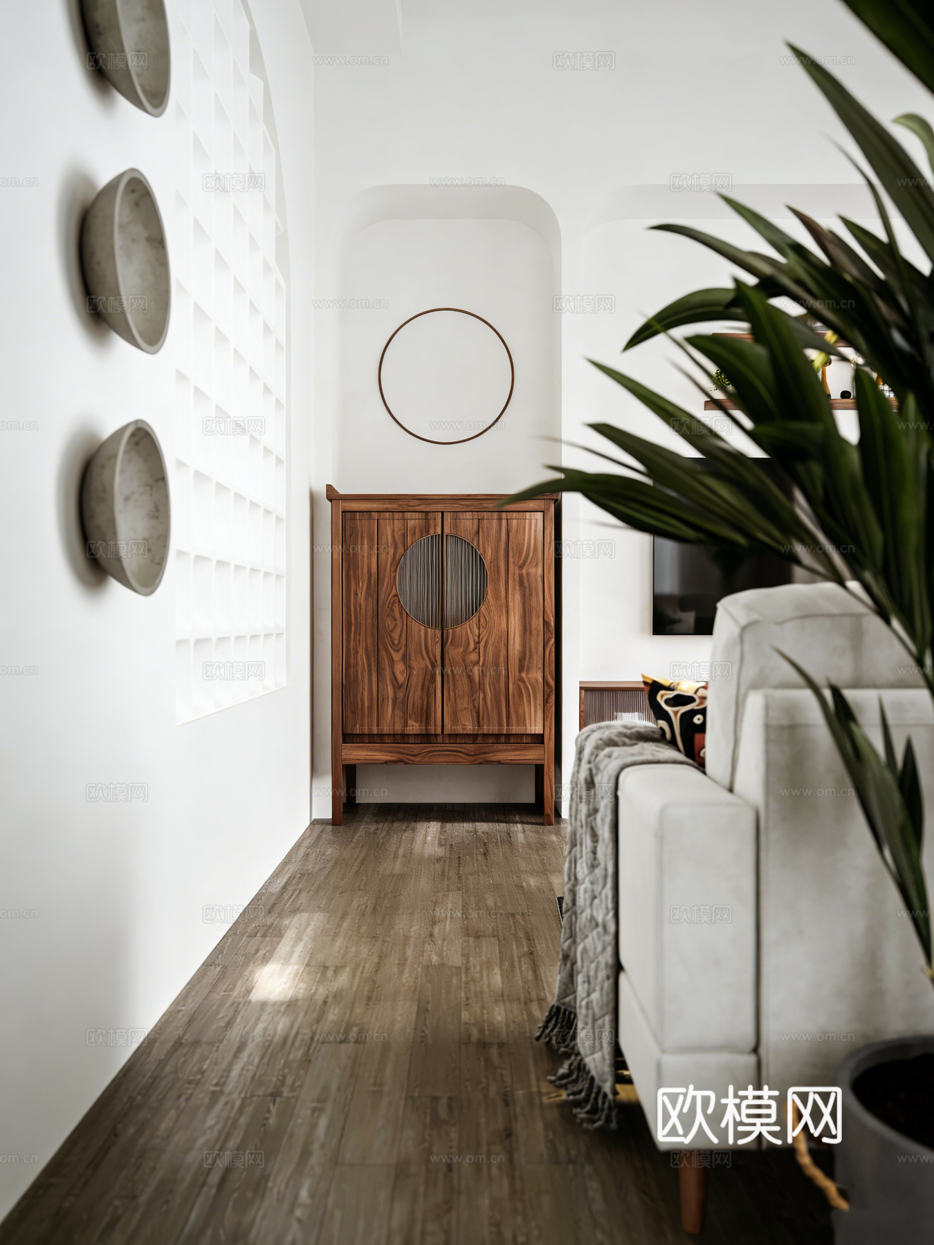 现代简约原木奶油风客厅 拱形背景墙 编织椅 圆形茶几 地毯绿3d模型