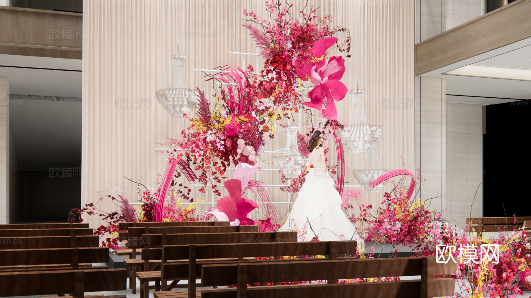 小众玫粉色婚礼花艺美陈su模型