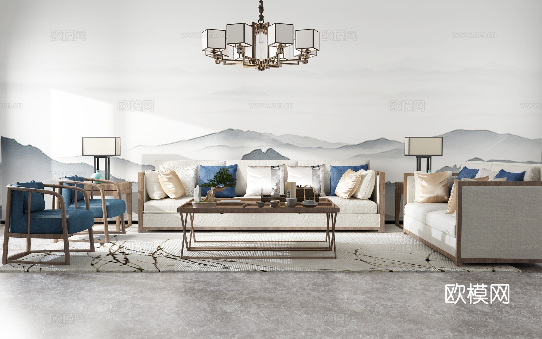 新中式沙发茶几组合3d模型下载