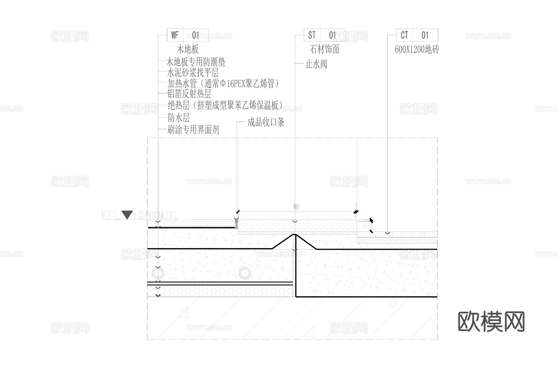 卧室卫生间过门石节点cad施工图