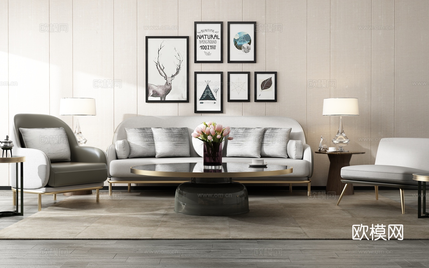 现代沙发茶几组合 背景墙3d模型下载