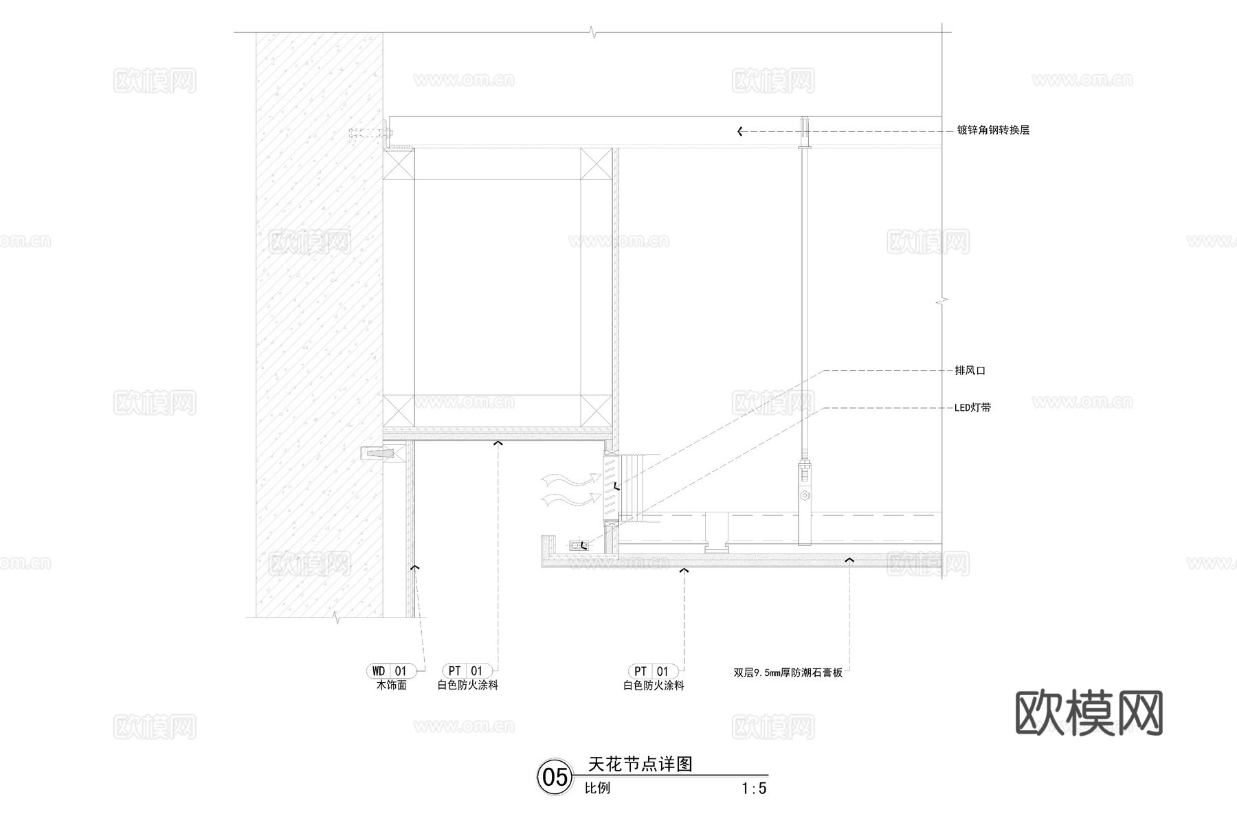 石膏板吊顶反光灯槽节点cad施工图