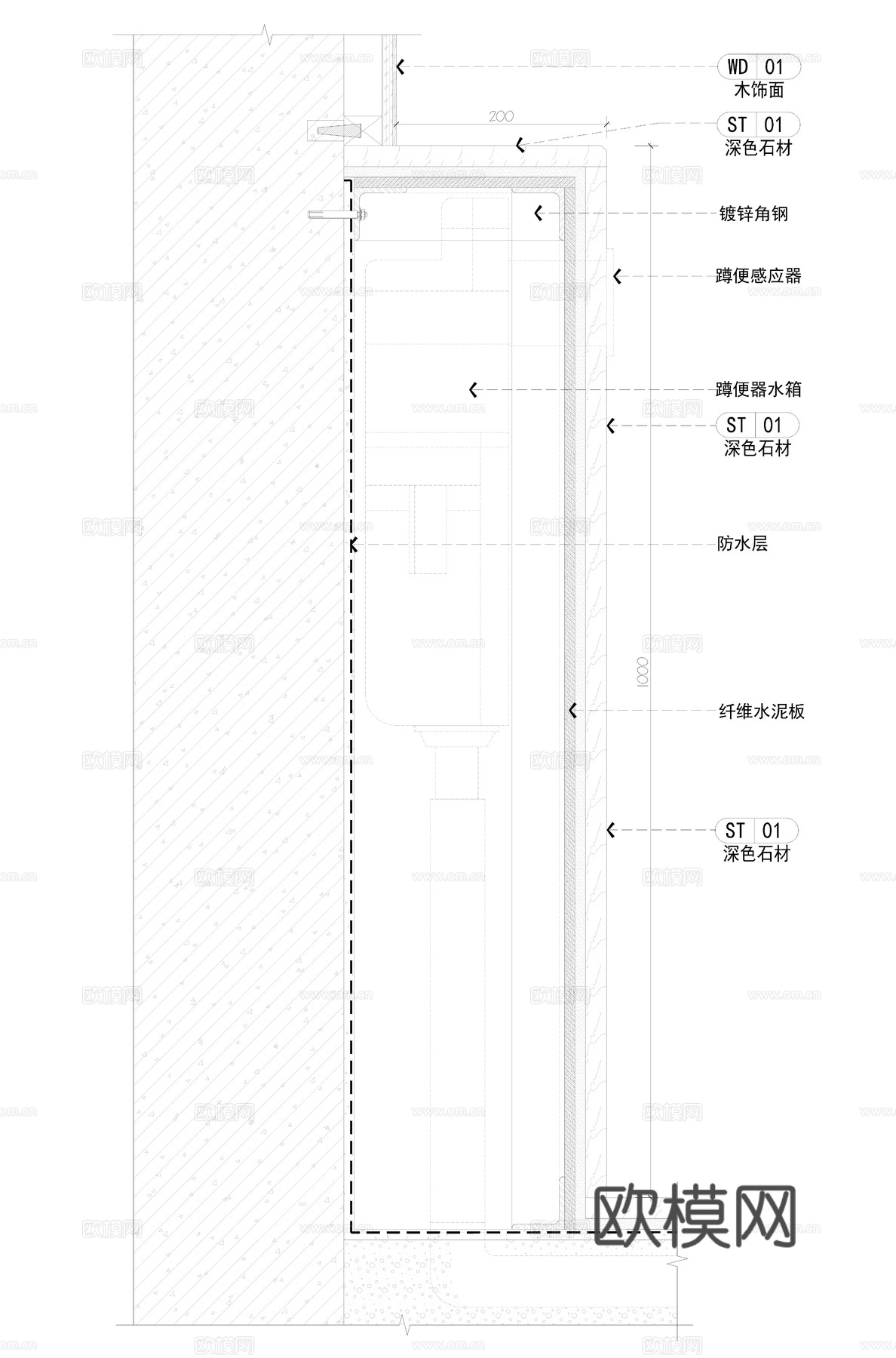 暗藏蹲便器水箱节点cad施工图