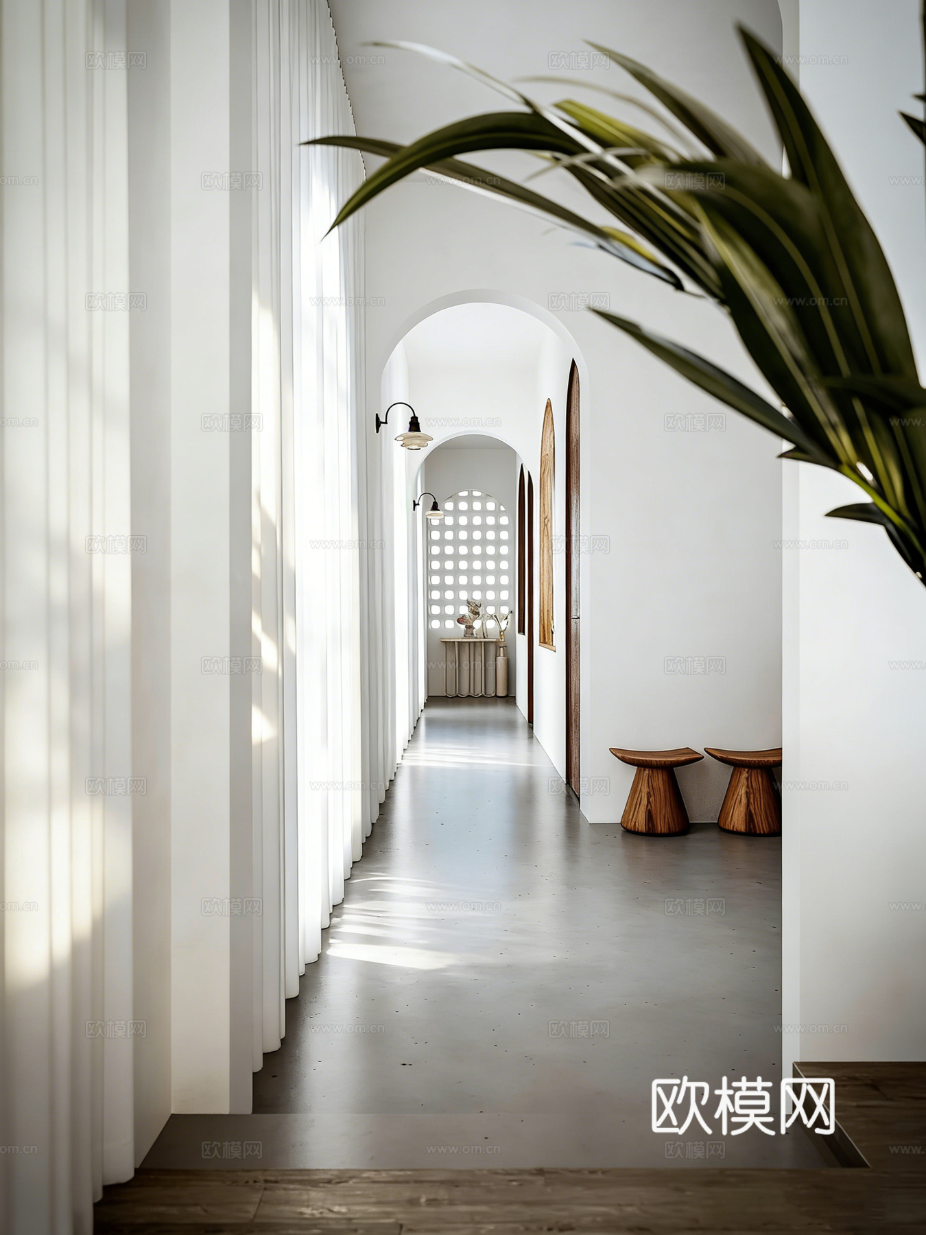 现代简约原木奶油风客厅 拱形背景墙 编织椅 圆形茶几 地毯绿3d模型