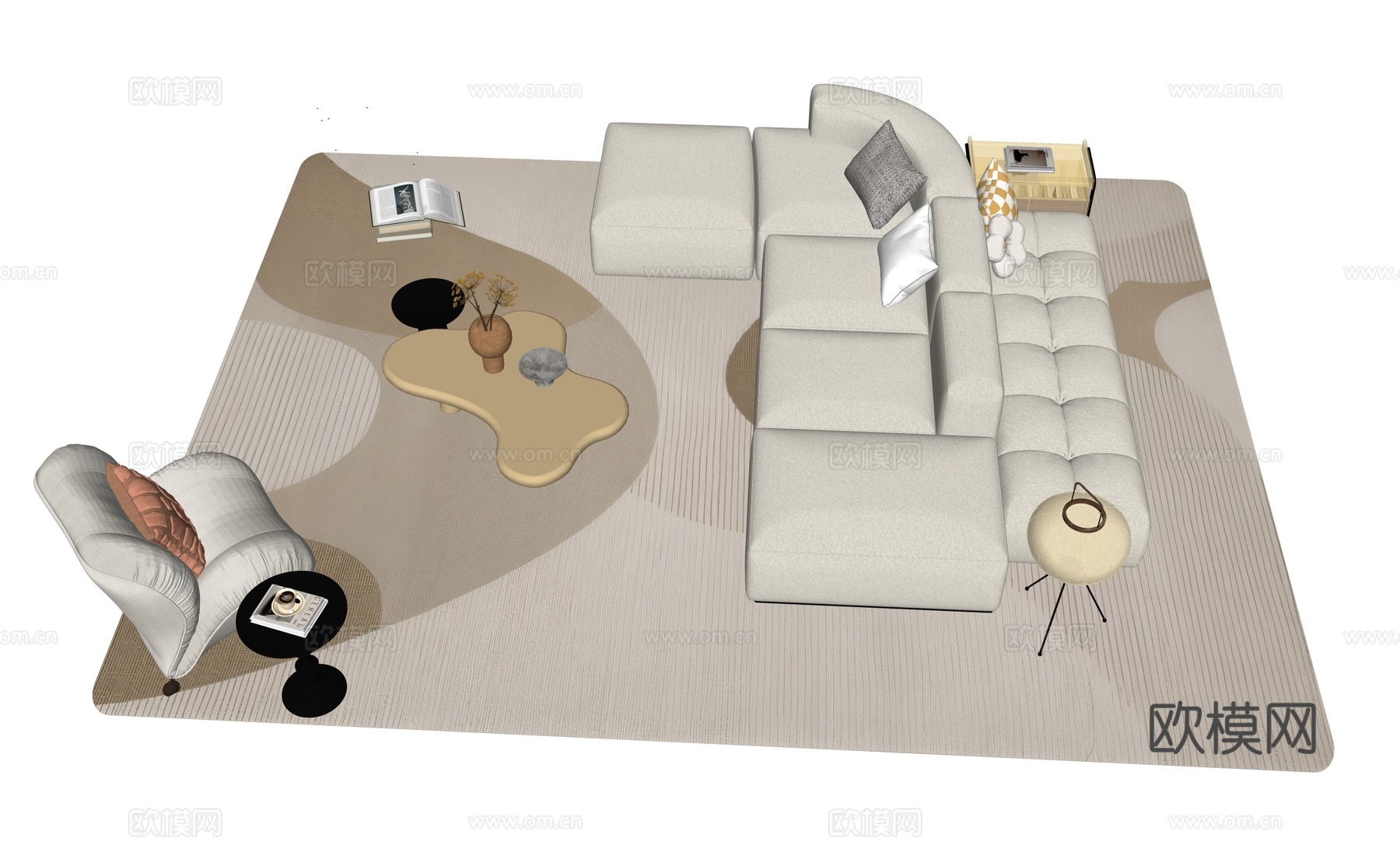 奶油沙发茶几组合su模型
