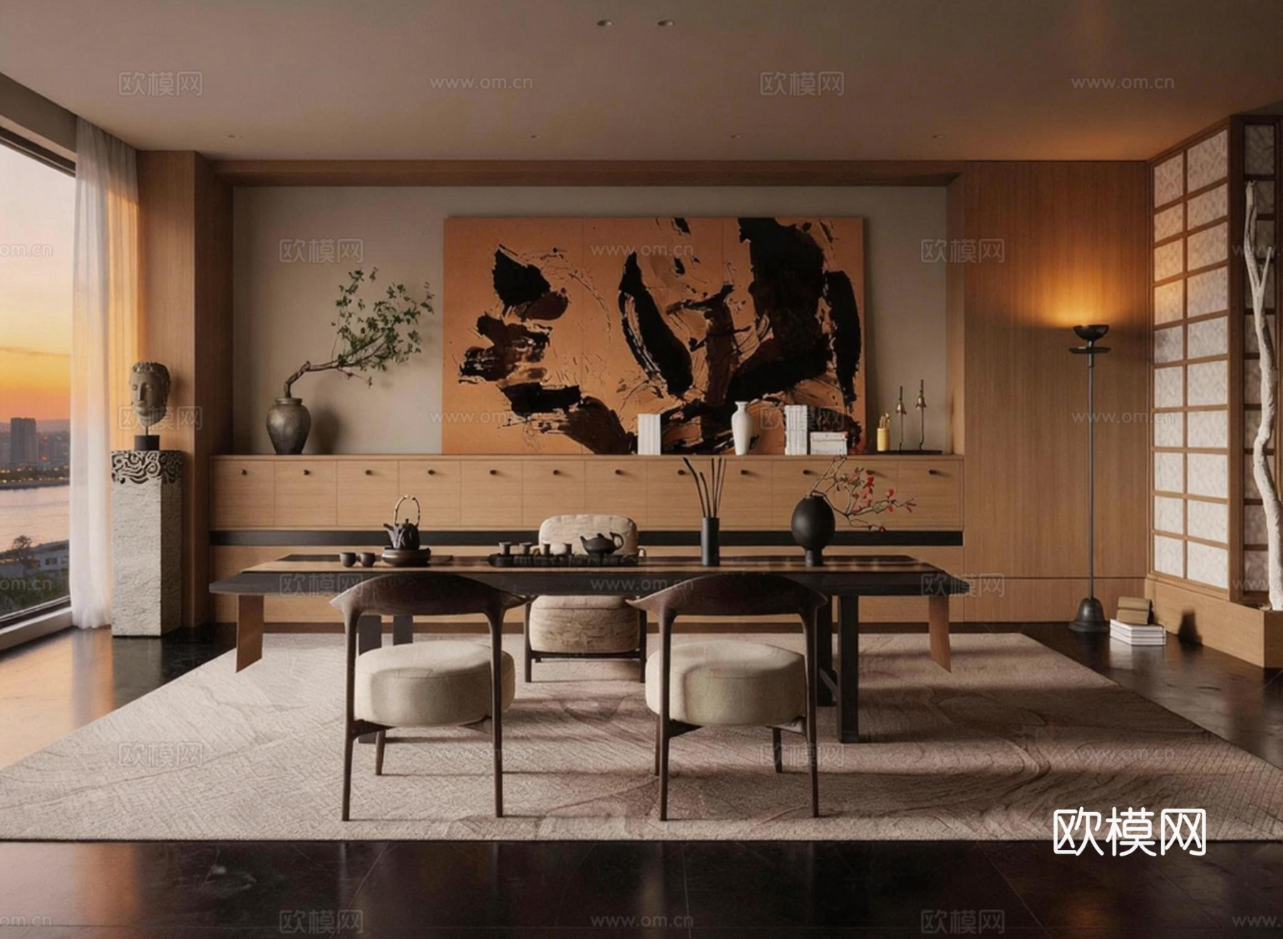 新中式茶室 茶台 休闲椅su模型