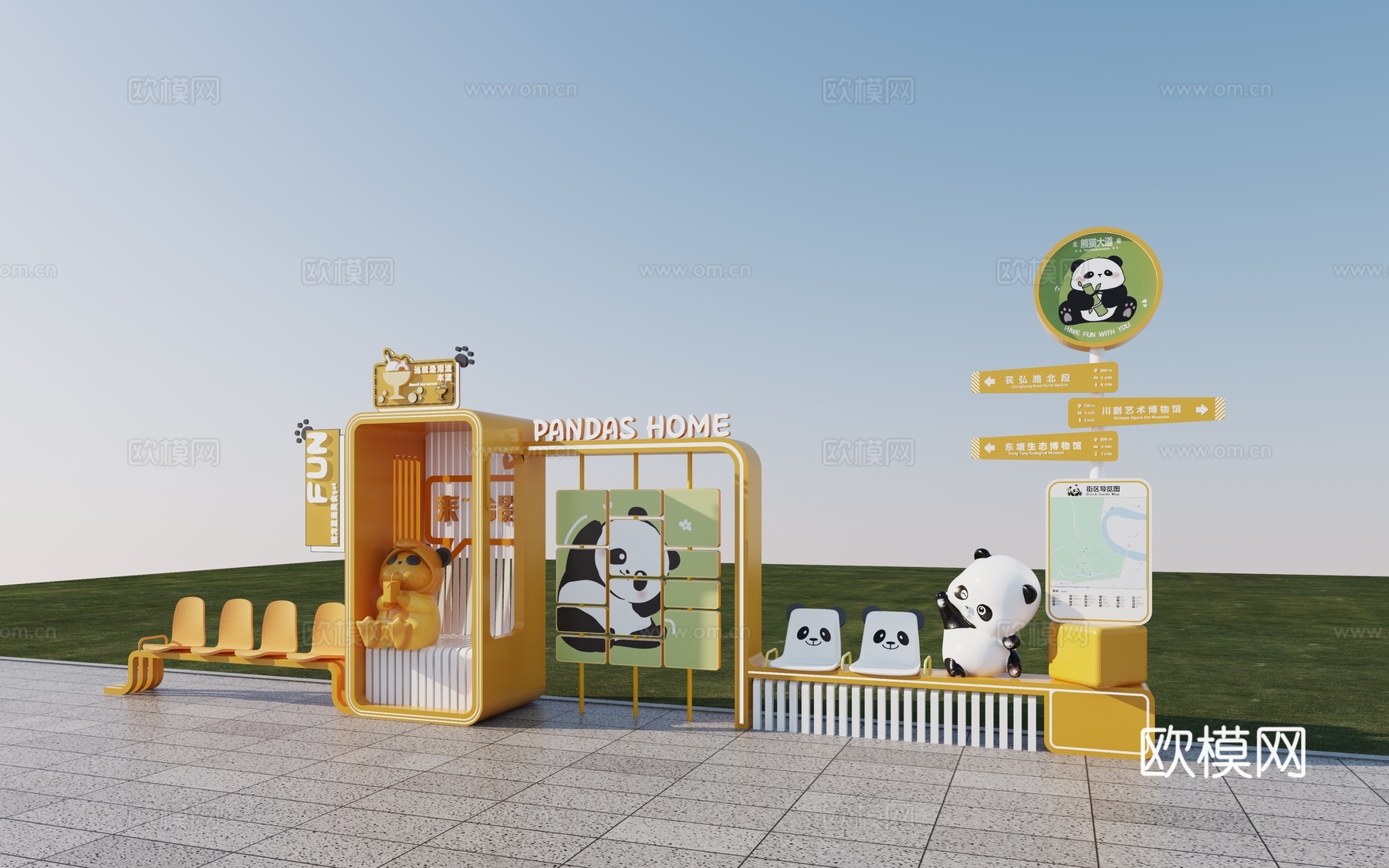 现代商业街标识牌  现代指示牌 景观座椅3d模型下载