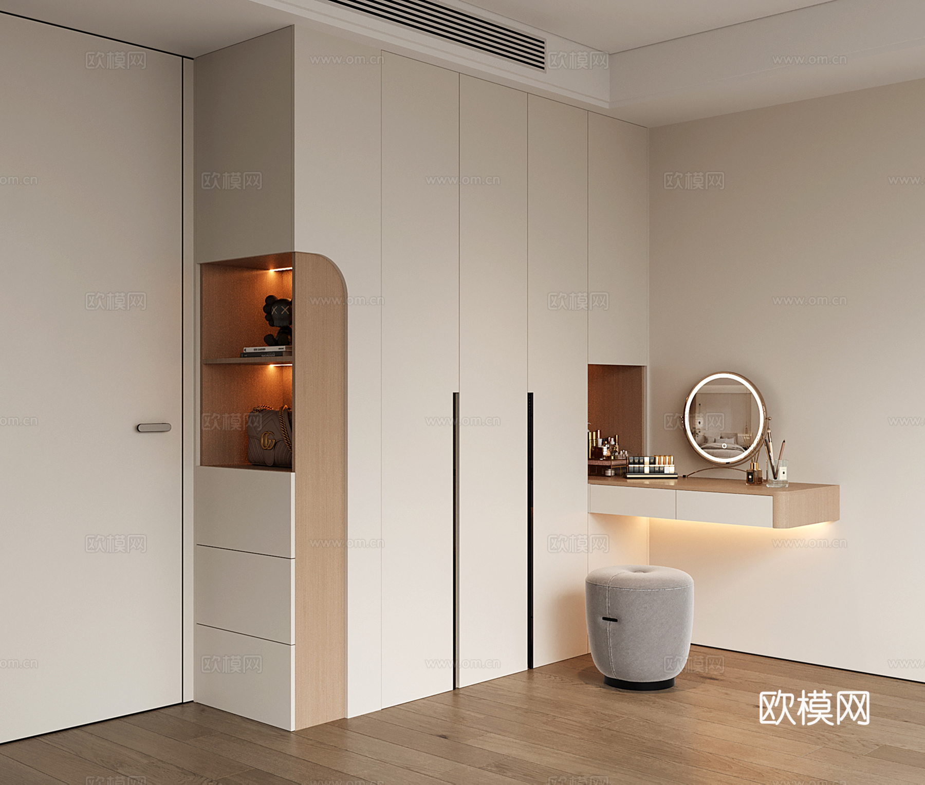 现代衣柜梳妆台一体 衣柜转角书桌 平开门衣柜 开放格衣柜su模型