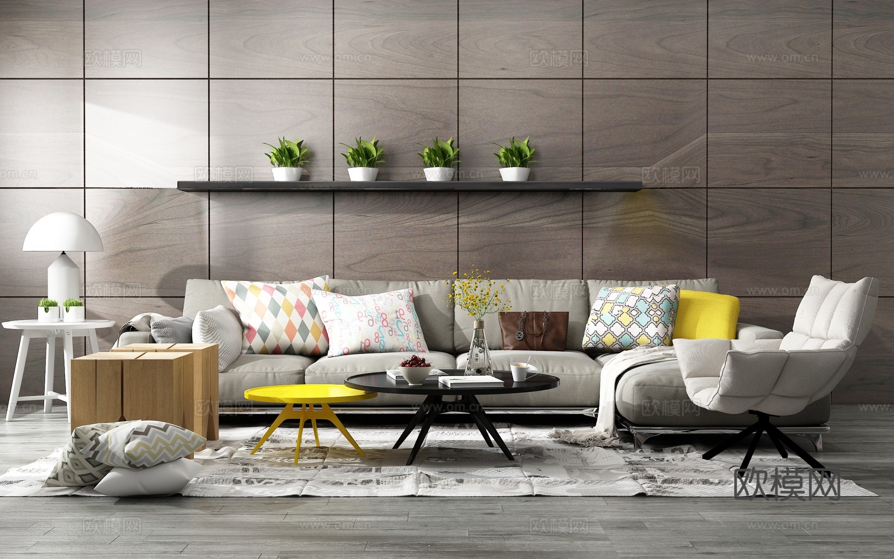 现代沙发茶几组合 背景墙3d模型