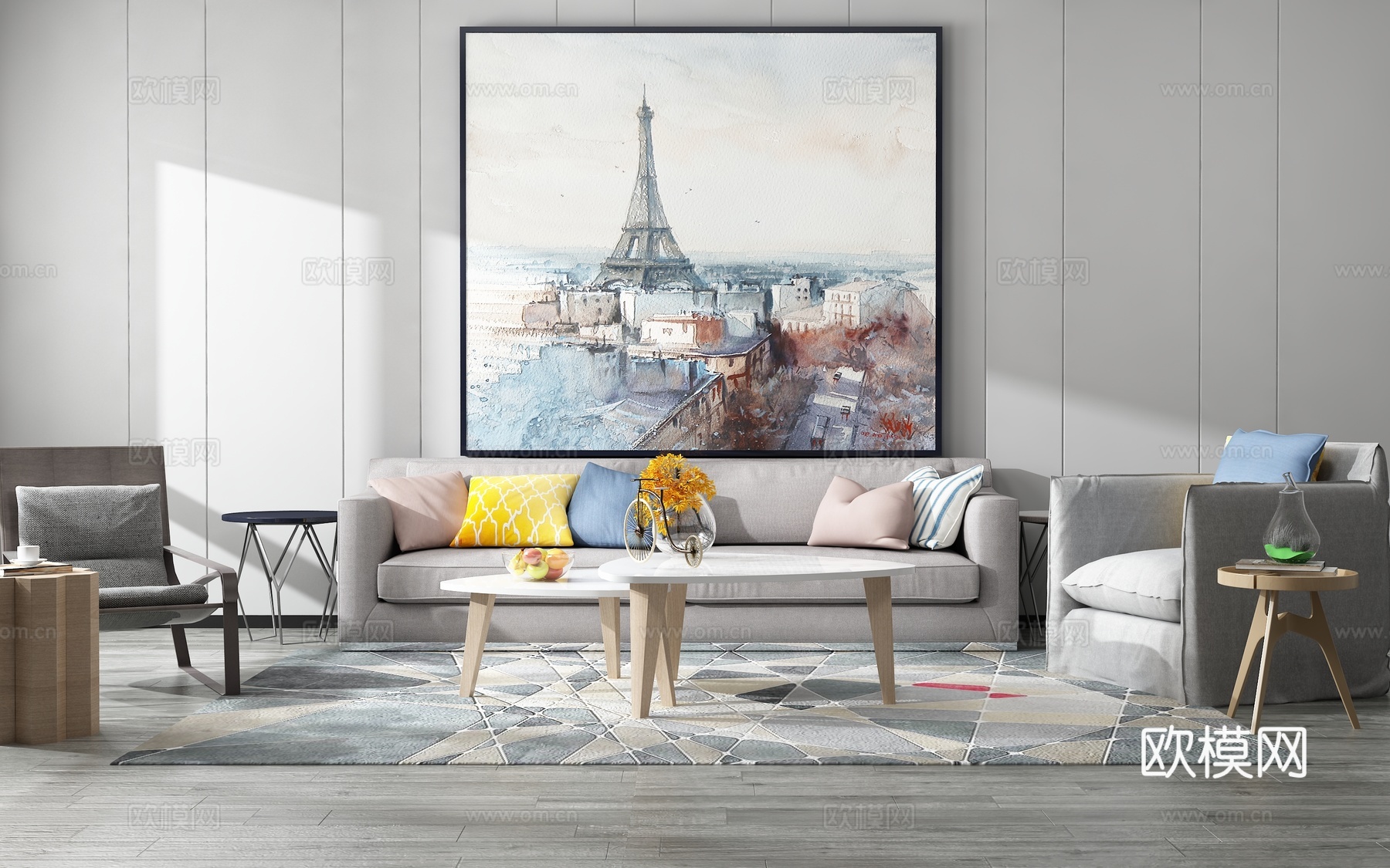 现代沙发茶几组合背景墙3d模型