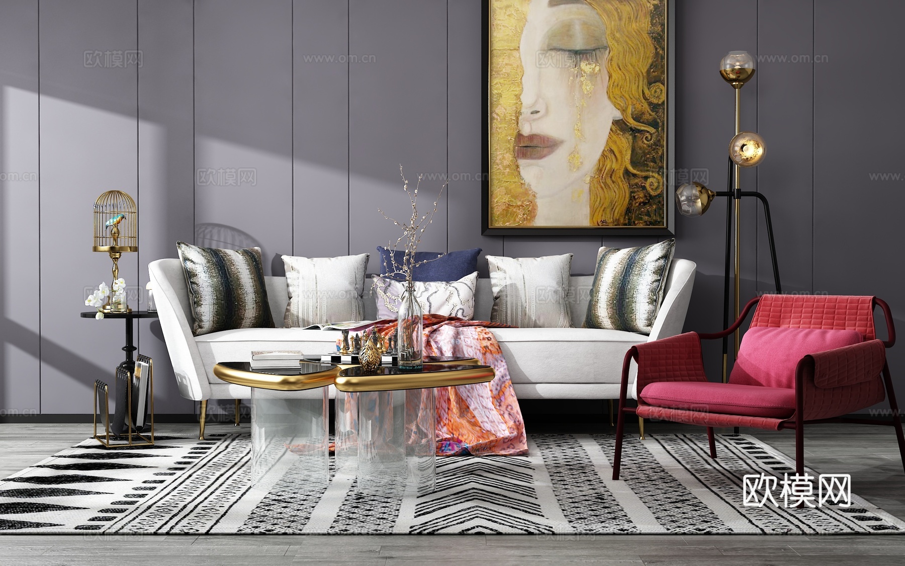 现代沙发茶几组合背景墙3d模型下载