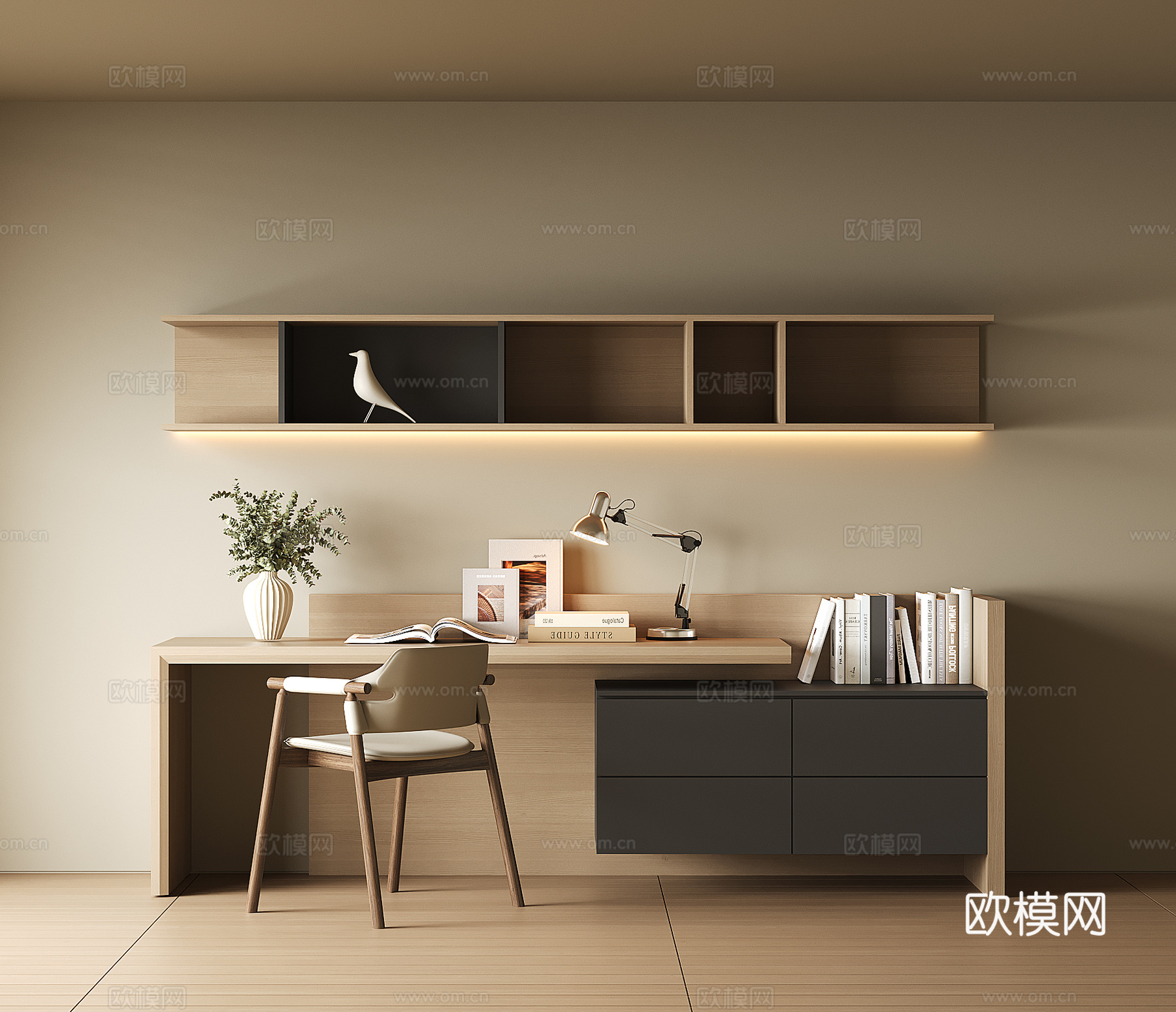 现代书桌一体柜3d模型下载
