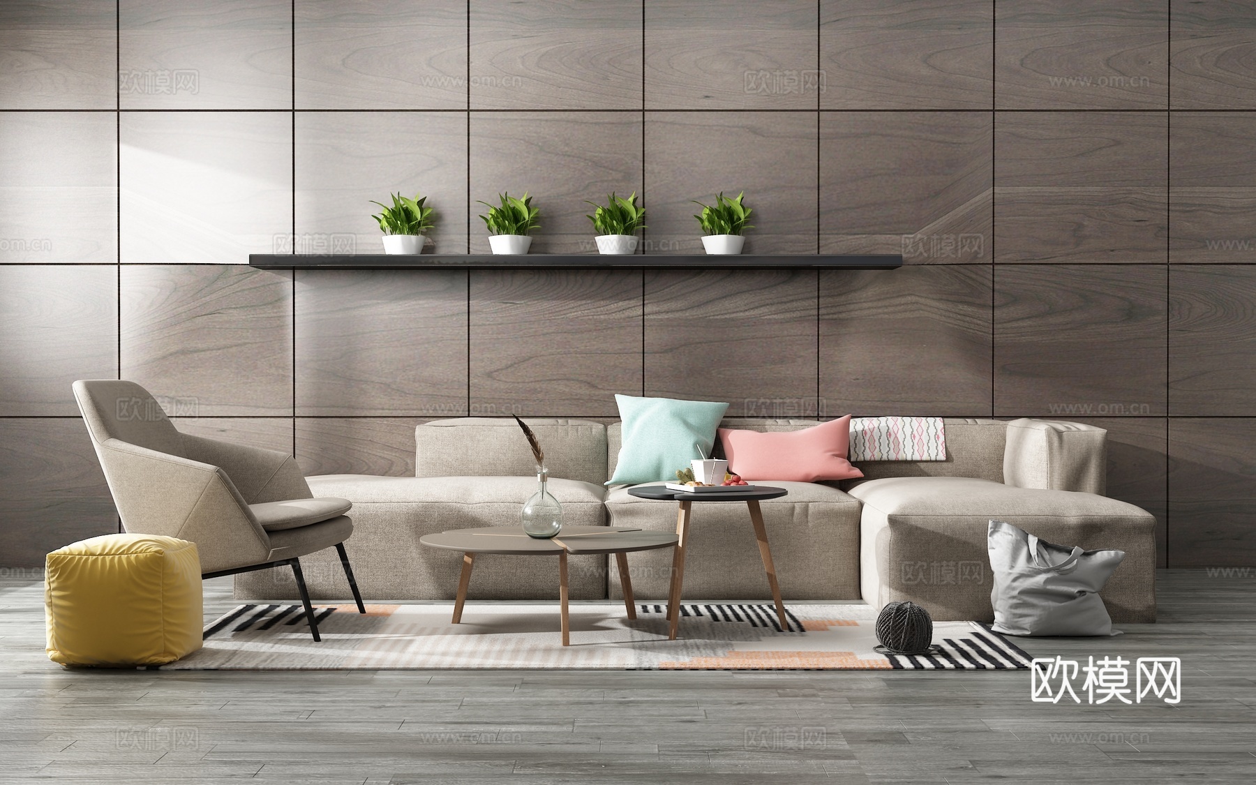 现代沙发茶几组合背景墙3d模型