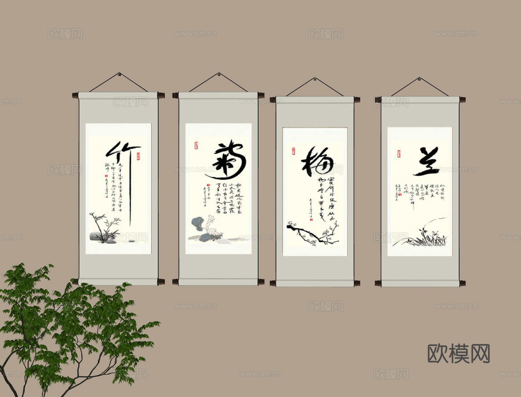 新中式挂画su模型