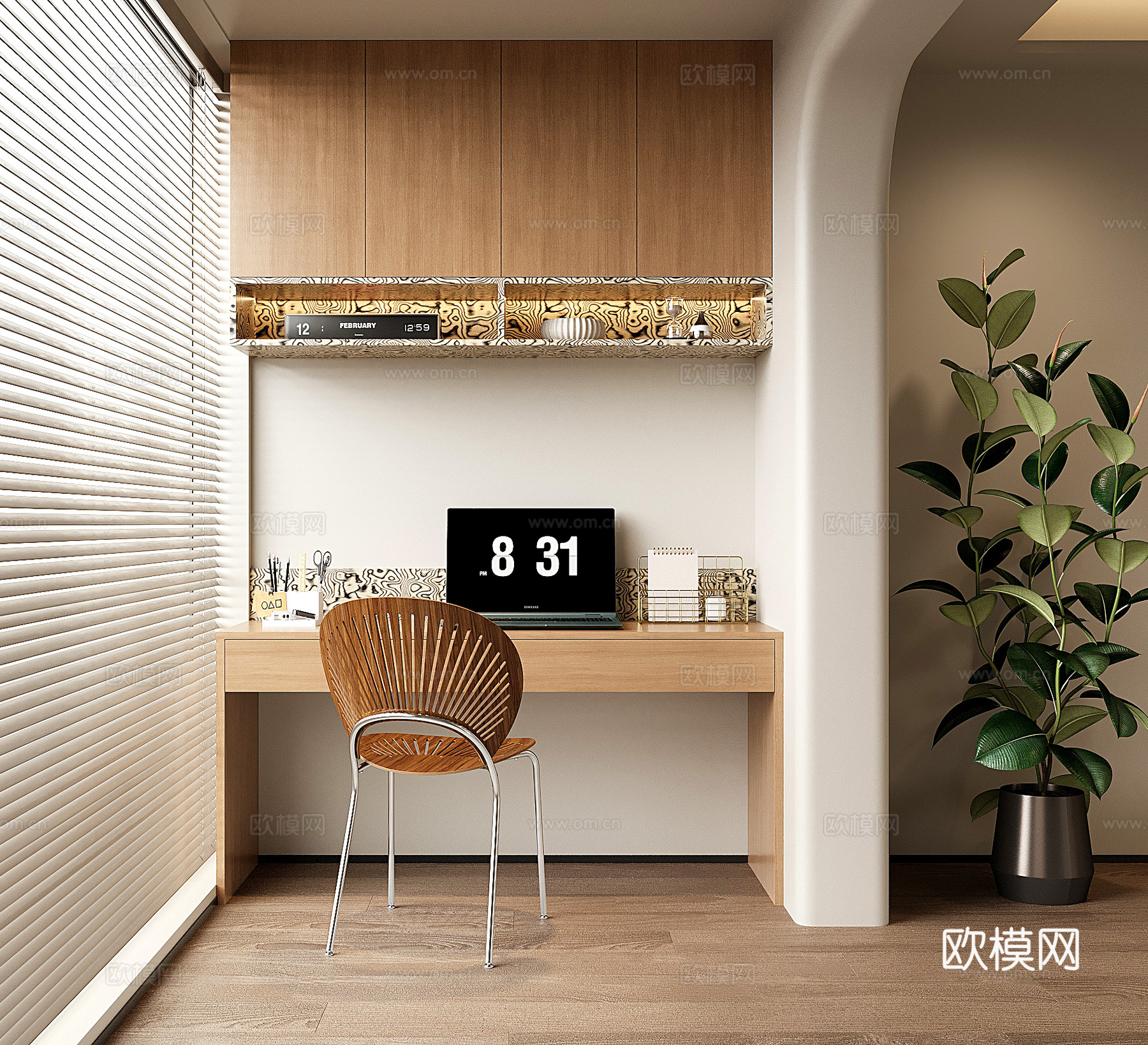 现代阳台书桌 书柜 书桌书柜一体柜su模型