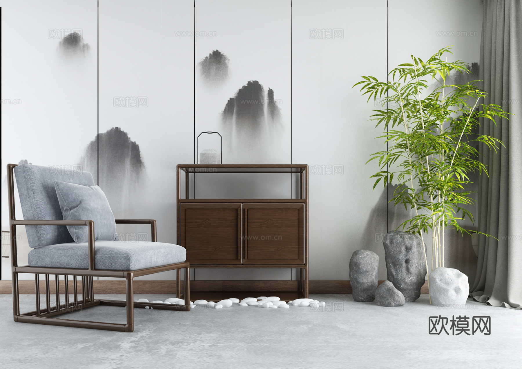 新中式沙发茶几 端景柜 玄关柜 景观小品3d模型下载（渲染图2）