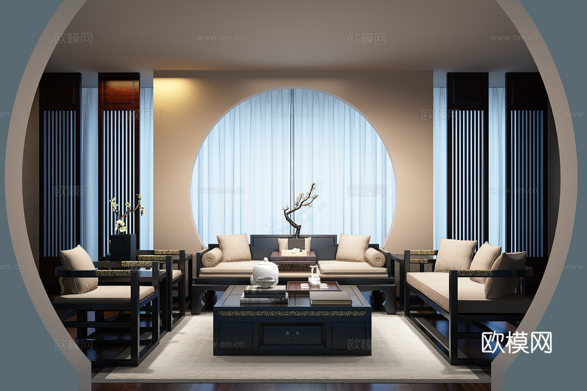 中式罗汉椅子组合 新中式沙发茶几组合3d模型下载