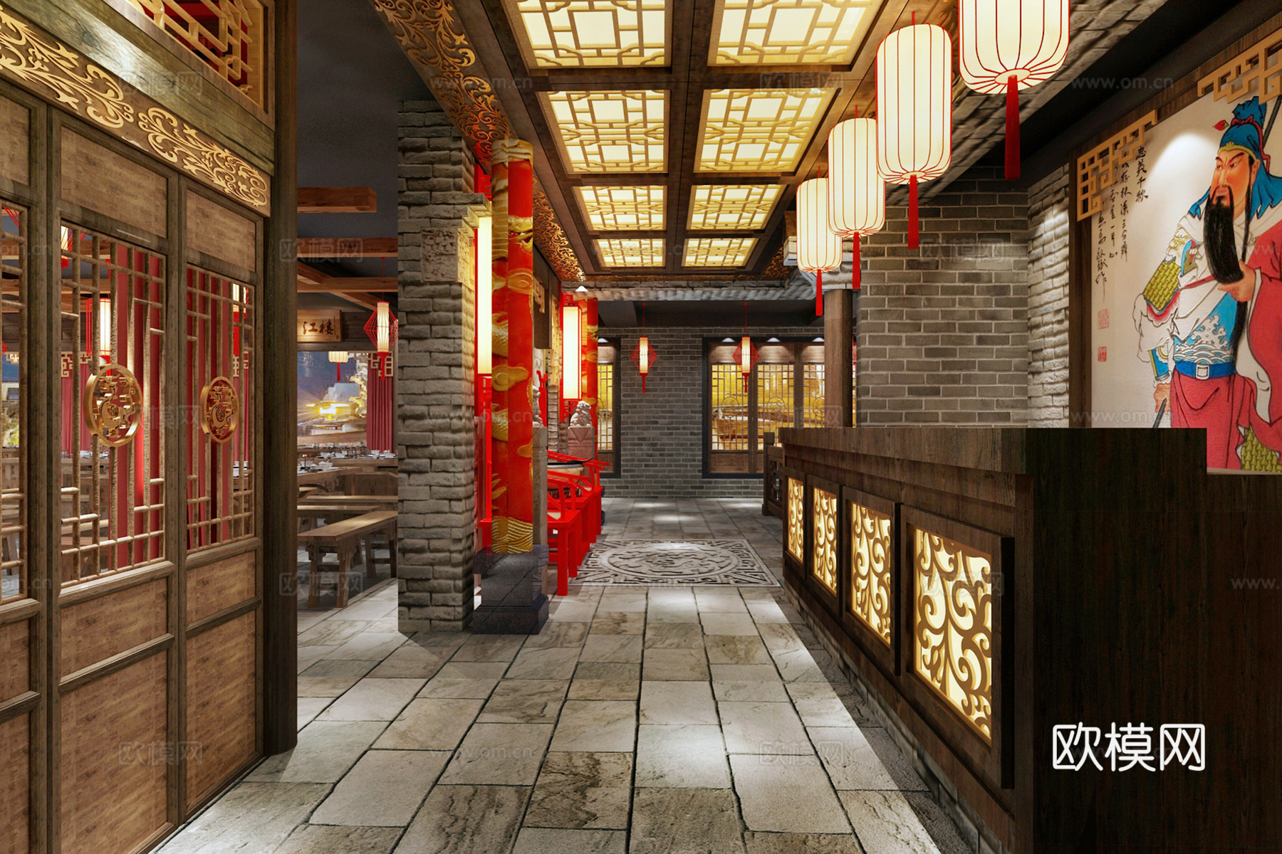 新中式主题火锅店 吊灯灯笼 壁灯 绿植 桌椅板凳 花格隔3d模型下载（渲染图2）