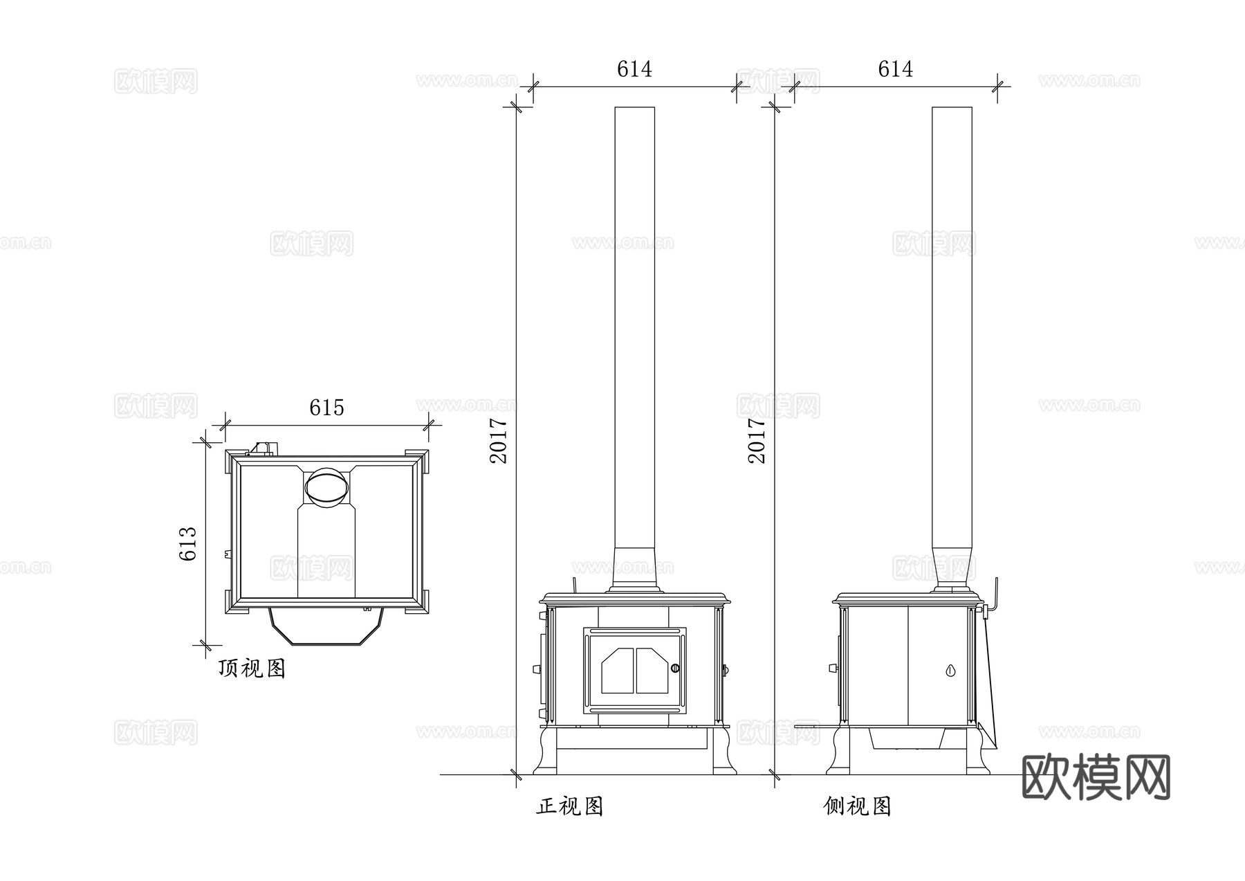 立式真火壁炉 独立燃木炉 落地式柴火壁炉 铸铁取暖炉cad施工图