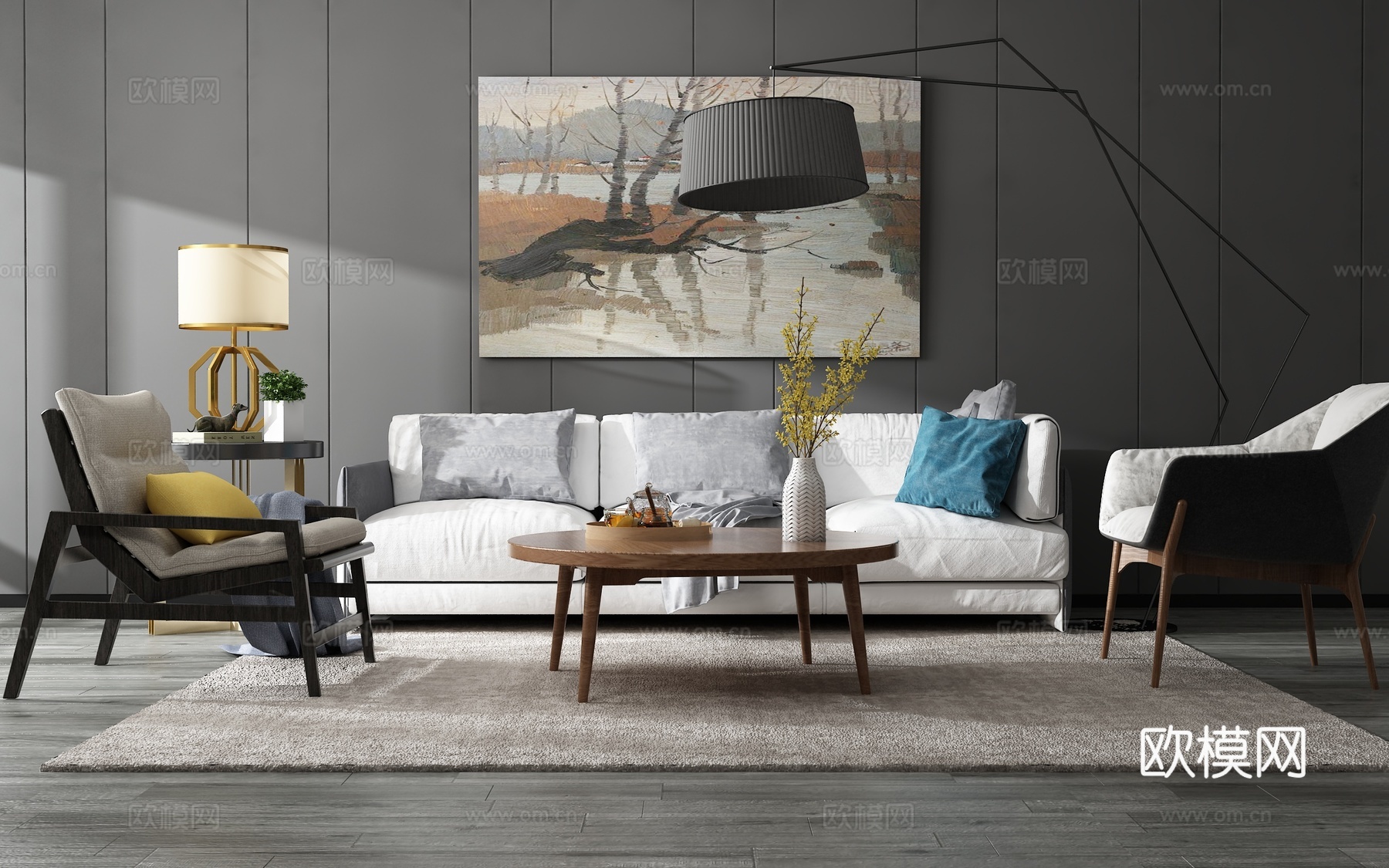 现代沙发茶几组合背景墙3d模型下载