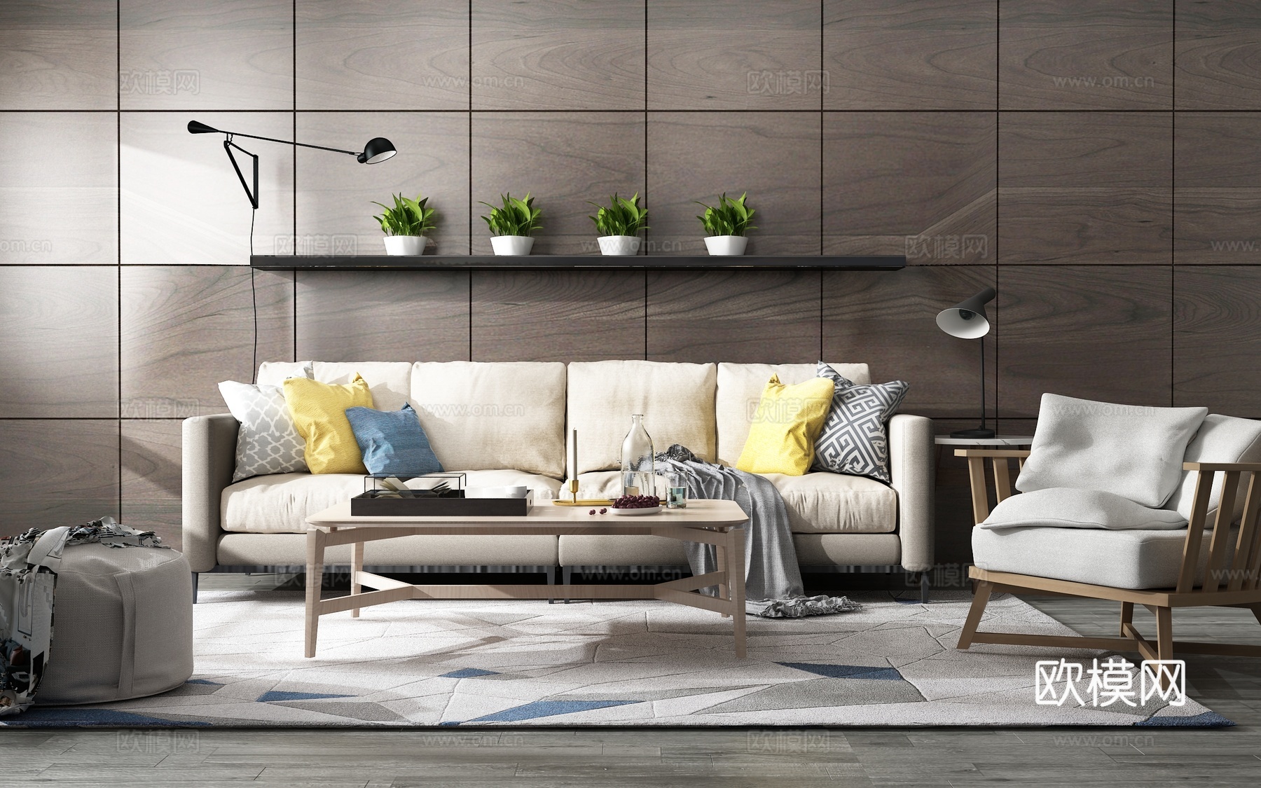 现代沙发茶几组合 背景墙3d模型