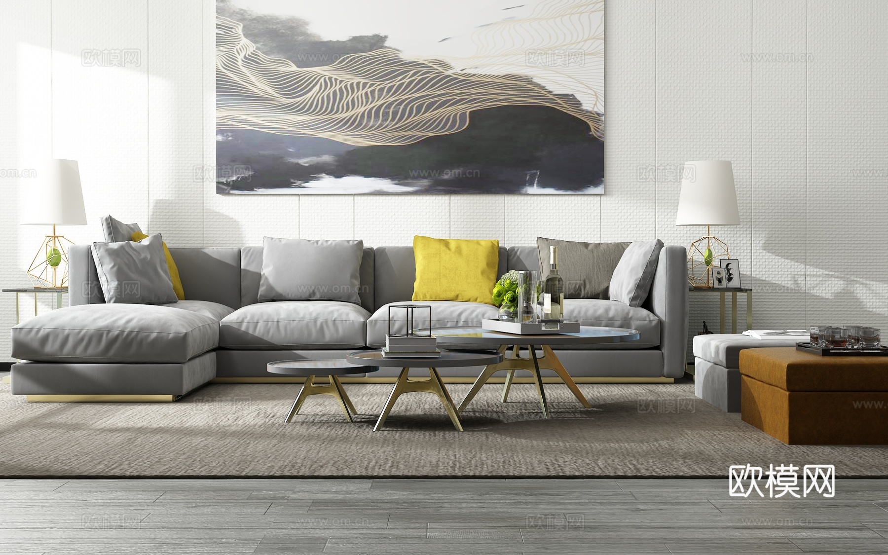 现代沙发茶几组合 背景墙3d模型下载