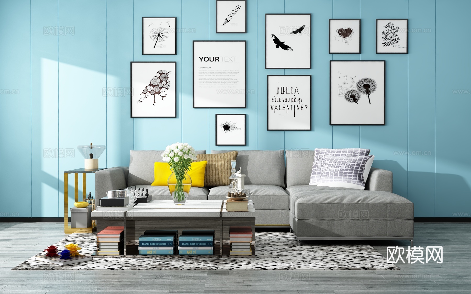 现代沙发茶几组合背景墙3d模型